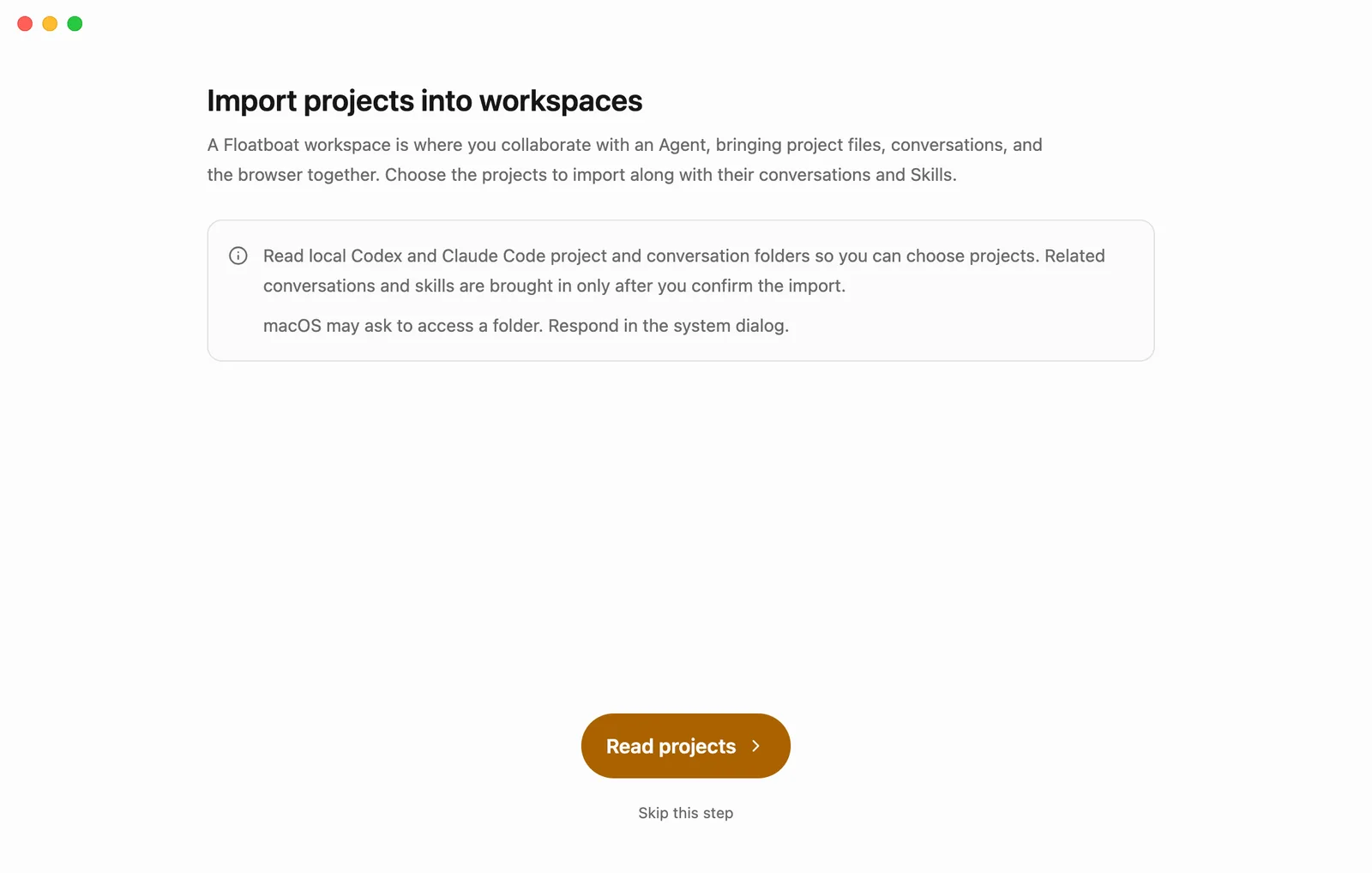 The Import projects into workspaces step, with a Read projects button and an option to skip