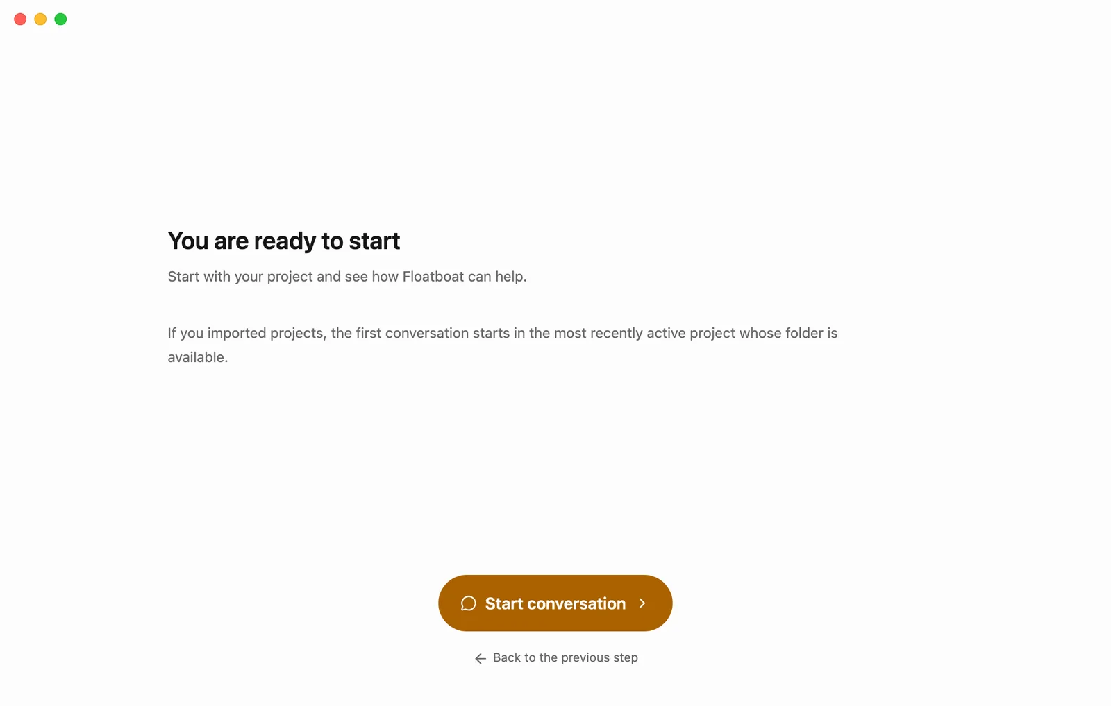 The last step, You are ready to start, with a Start conversation button