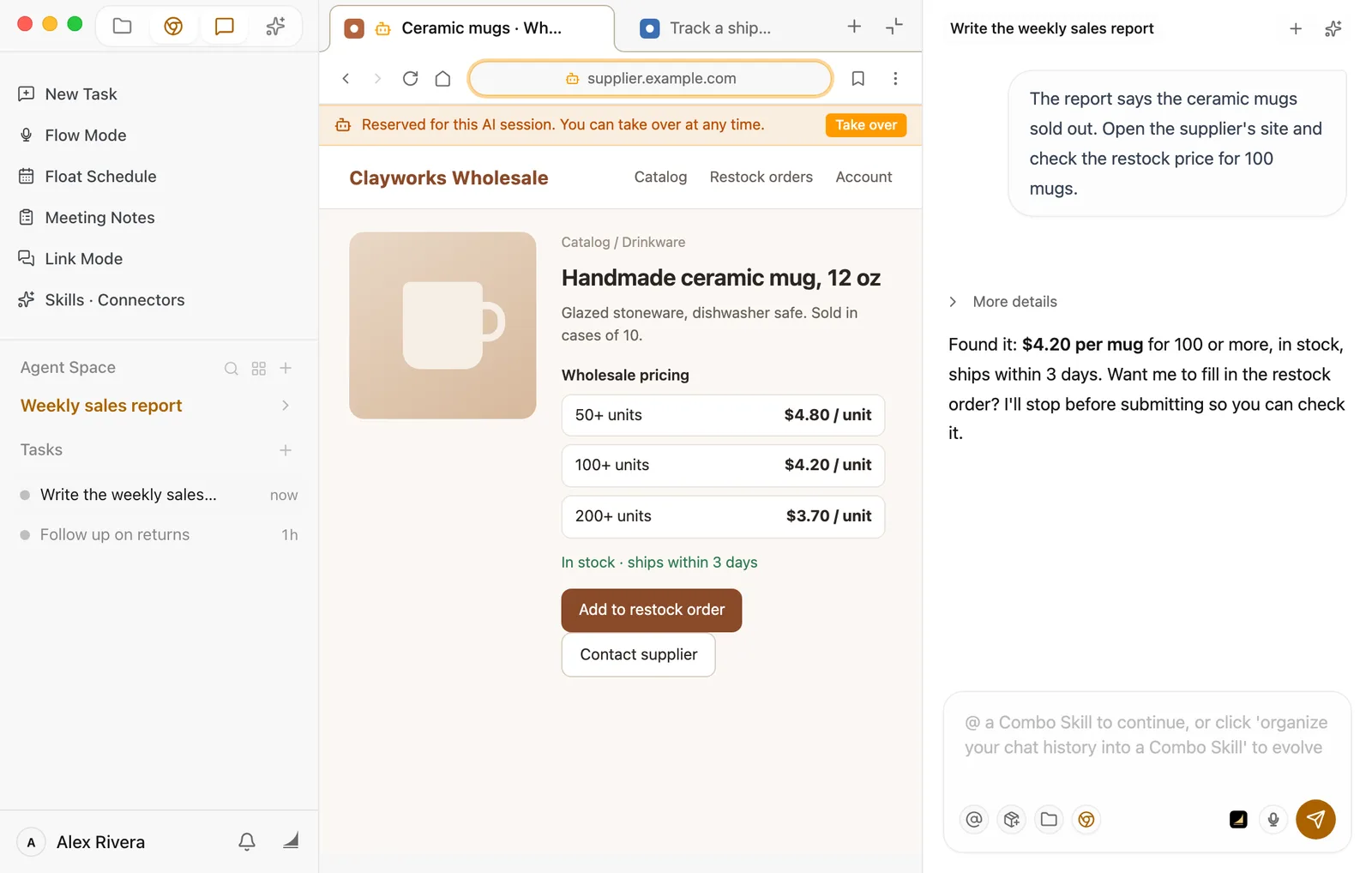 Floatboat has checked the supplier's price: the tab it's using shows a small robot icon, the address bar has an orange outline, and an orange bar above the page reads Reserved for this AI session. You can take over at any time, with a Take over button at its right end; in the chat, Floatboat replies that 100 or more mugs cost $4.20 each, in stock, shipping within 3 days