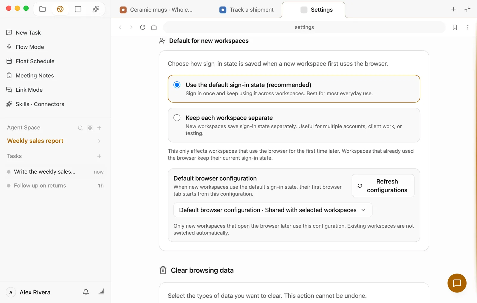Default for new workspaces: two options, with Use the default sign-in state (recommended) selected, and Keep each workspace separate below it, which saves sign-in state separately for each new workspace and suits multiple accounts, client work, or testing; further down, the Clear browsing data section begins