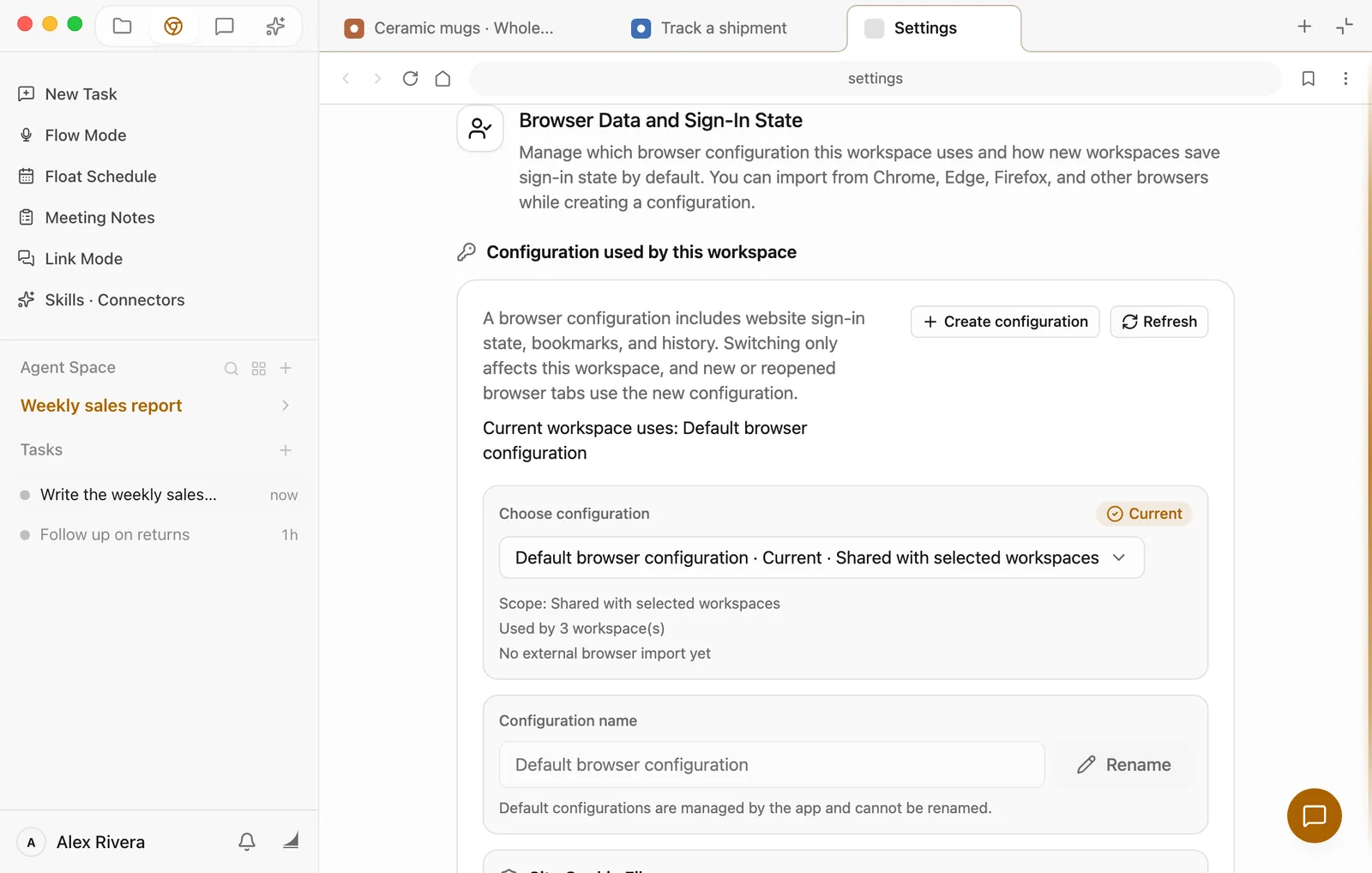 Browser Data and Sign-In State in the browser settings: under Configuration used by this workspace, the current configuration is Default browser configuration, used by 3 workspaces, with a Create configuration button in the top right