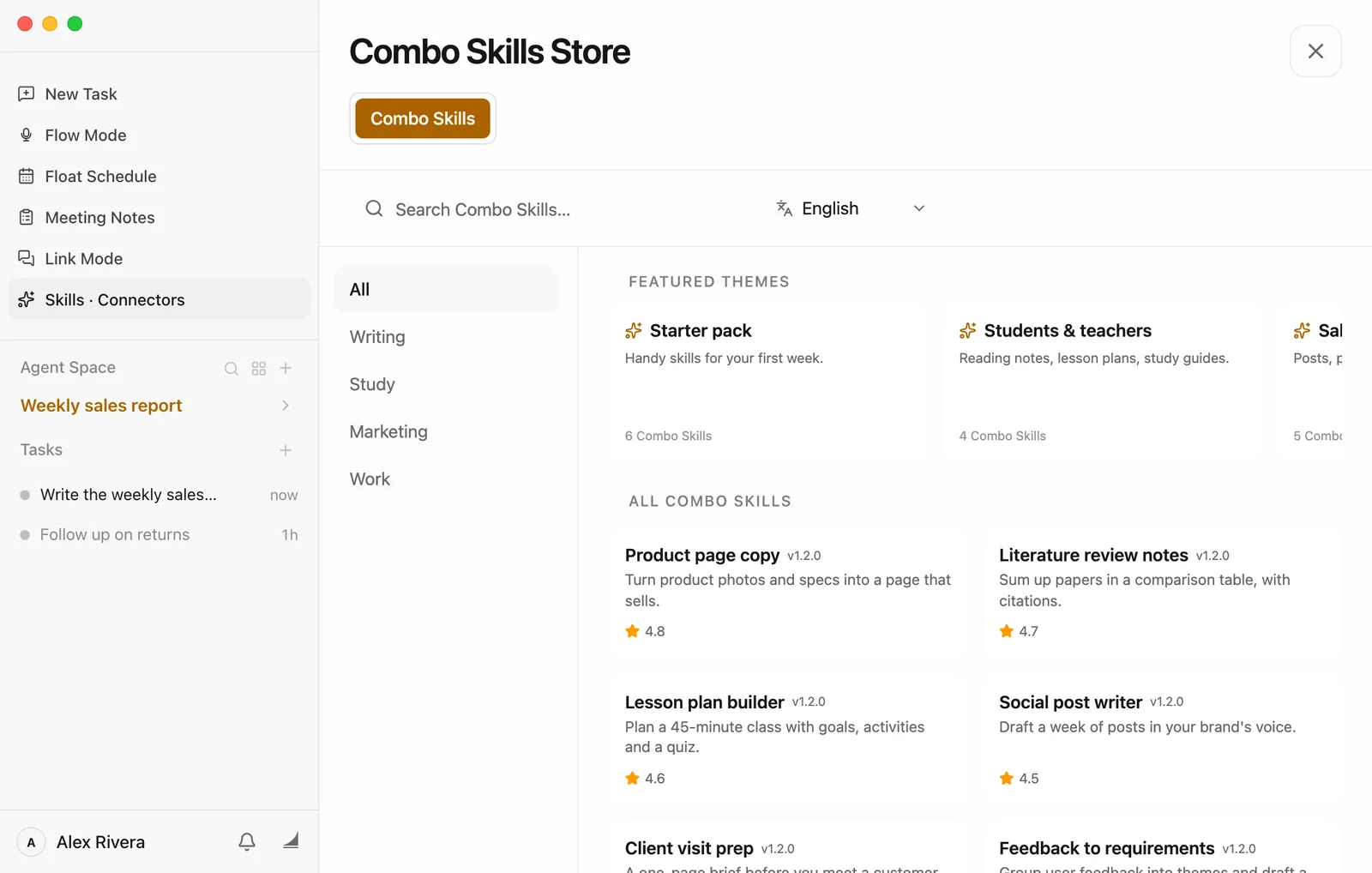 The Combo Skills Store, with Skills · Connectors highlighted in the sidebar. At the top are a Search Combo Skills… box and a language menu set to English. Categories run down the left: All, Writing, Study, Marketing, Work. Featured Themes show Starter pack and Students & teachers. Below, All Combo Skills lists cards such as Product page copy, Literature review notes, Lesson plan builder, Social post writer, Client visit prep, and Feedback to requirements, each with a one-line description and a star rating.