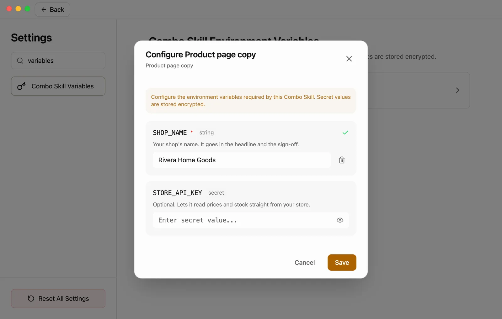 Settings, filtered by typing variables in the search box, with Combo Skill Variables selected. A Configure Product page copy window is open over it. It lists two variables. SHOP_NAME, marked with a red asterisk and the type string, says: Your shop's name. It goes in the headline and the sign-off. Its box holds Rivera Home Goods, with a green check mark. STORE_API_KEY, type secret, says: Optional. Lets it read prices and stock straight from your store. Its box is empty, with an eye icon. Cancel and Save are at the bottom right.