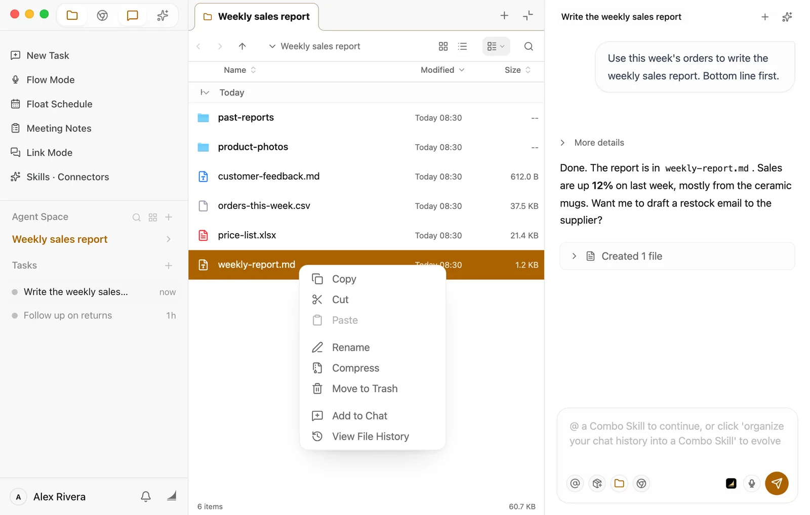 The menu that appears after right-clicking weekly-report.md: Copy, Cut, Paste; Rename, Compress, Move to Trash; Add to Chat, View File History