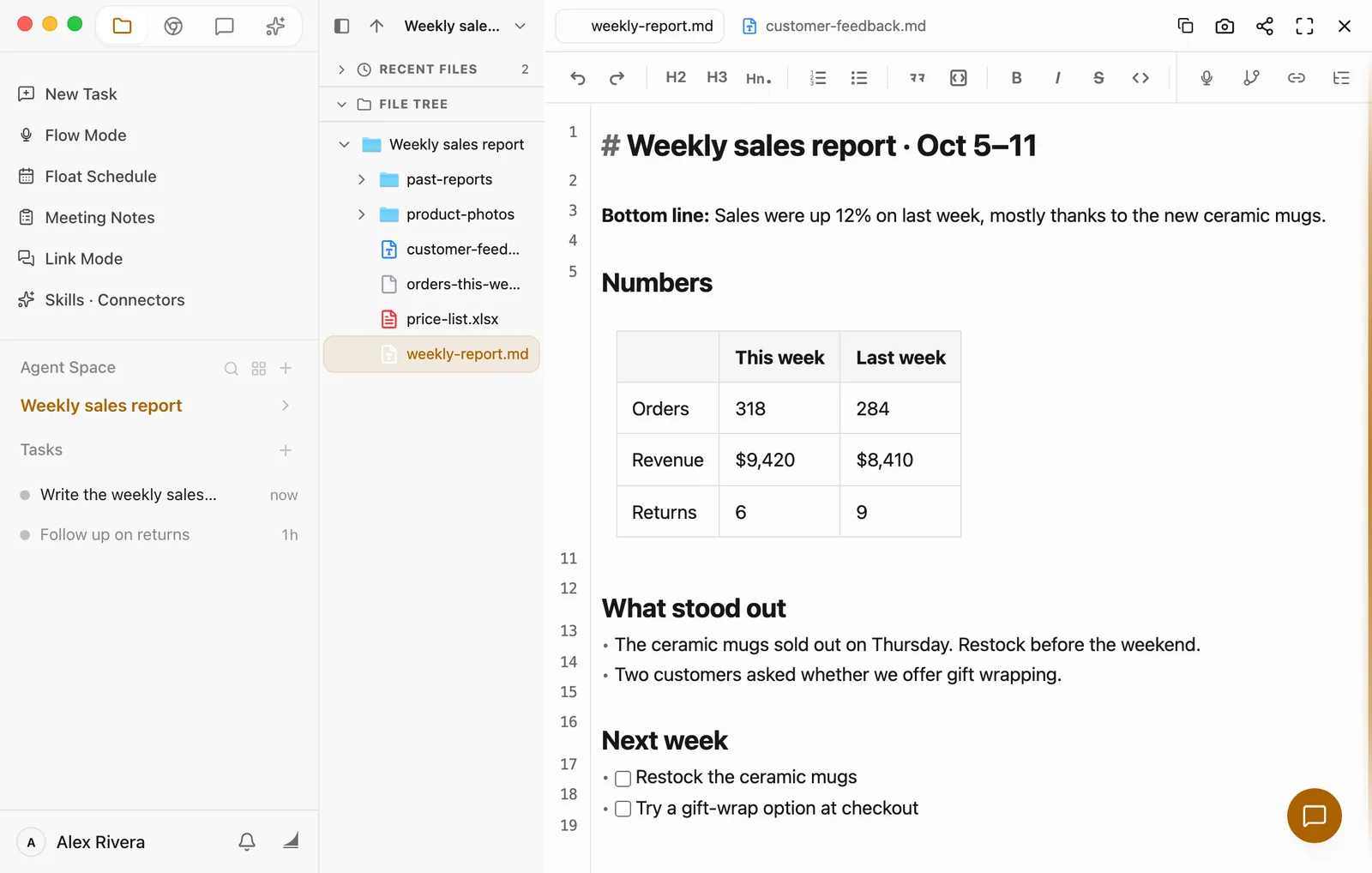The preview with navigation expanded and the Chat panel hidden. The column on the left shows Recent Files and a File Tree with the past-reports and product-photos folders and four files, with weekly-report.md highlighted. The report fills the rest of the window