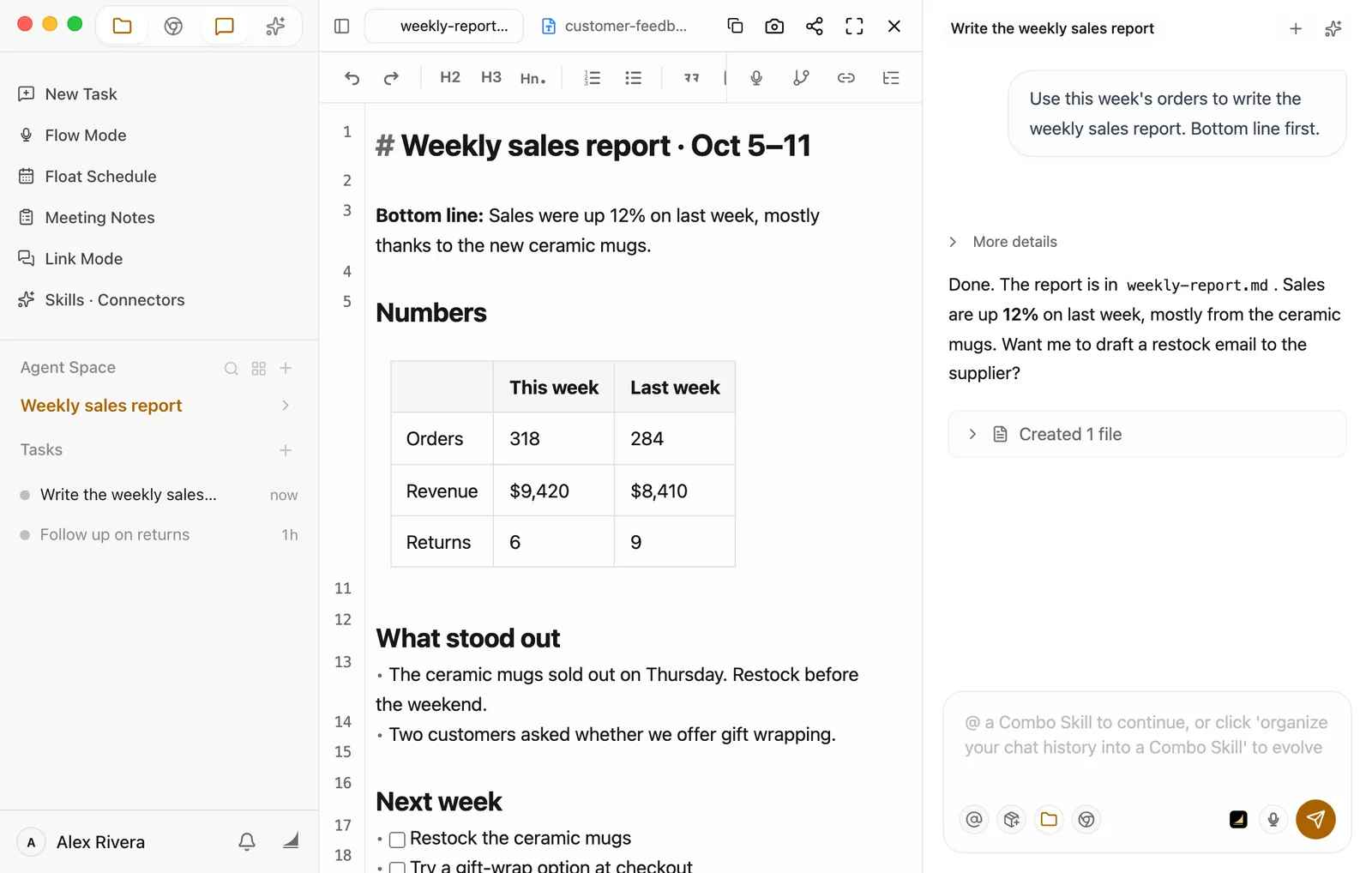 weekly-report.md open in the preview. Along the top are two tabs, weekly-report.md and customer-feedback.md, followed by the Copy file, Screenshot, Publish Markdown page, Full screen, and Close preview buttons. Below them is a row of Markdown editing buttons. The report shows its title, bottom line, and a table of numbers. The Chat panel is still on the right