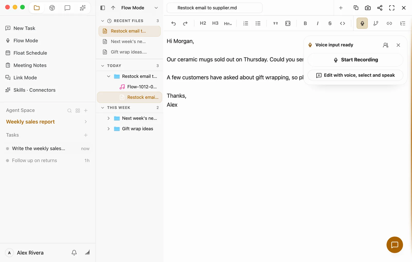 The Flow Mode list on the left. Recent Files shows Restock email to supplier, Next week's new arrivals, and Gift wrap ideas. Below, under Today, the Restock email to supplier folder is open, holding the document and its audio recording. The email itself is open on the right