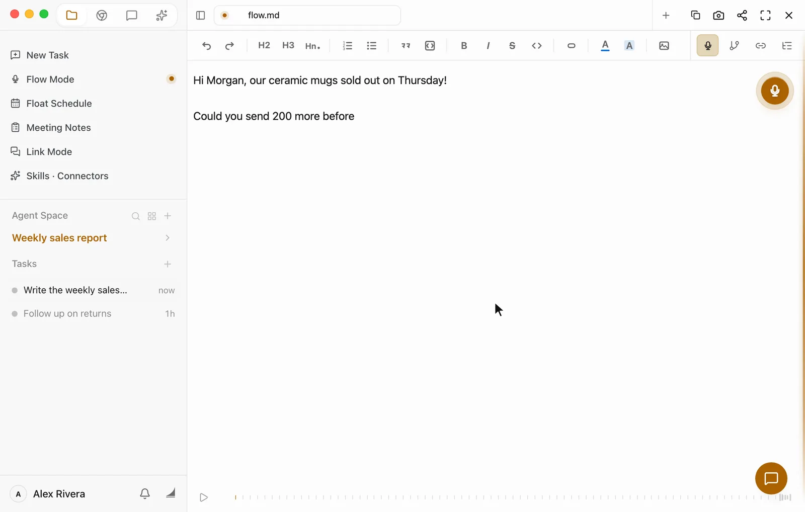 Recording in progress. The first sentence of the email is in the document and the second is still coming in. A round microphone button sits in the top-right corner, and an orange dot shows next to Flow Mode in the sidebar and in front of the document name