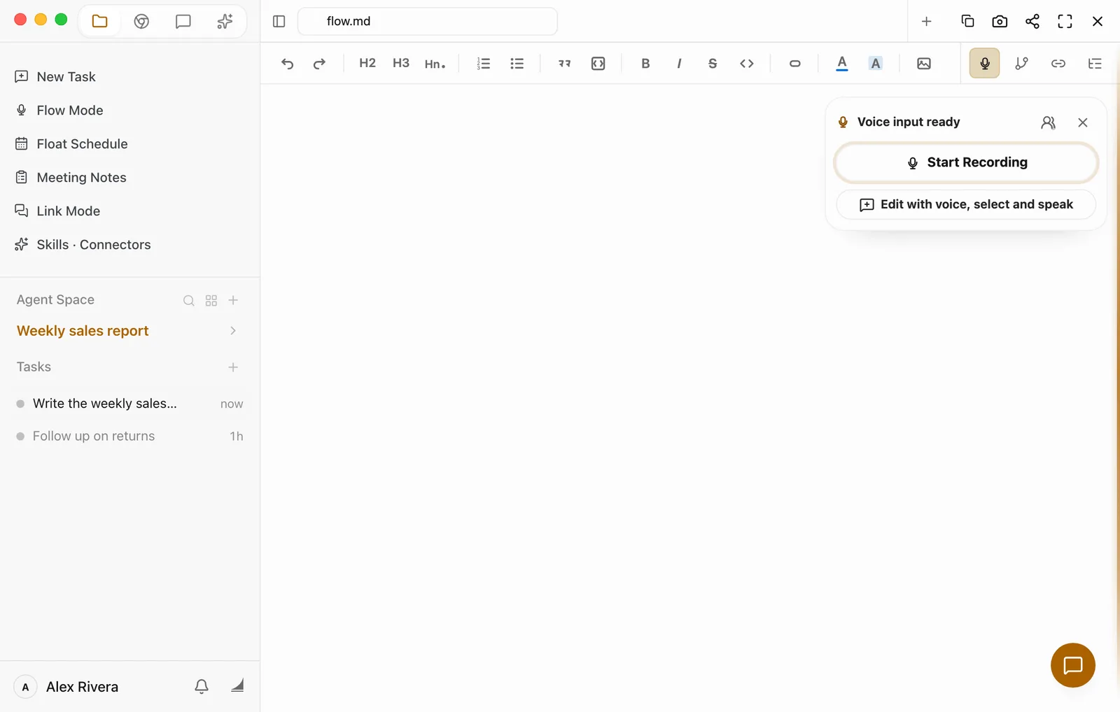 A blank Flow Mode document. In its top-right corner, a small panel reads Voice input ready, with a Start Recording button and an Edit with voice, select and speak button below it