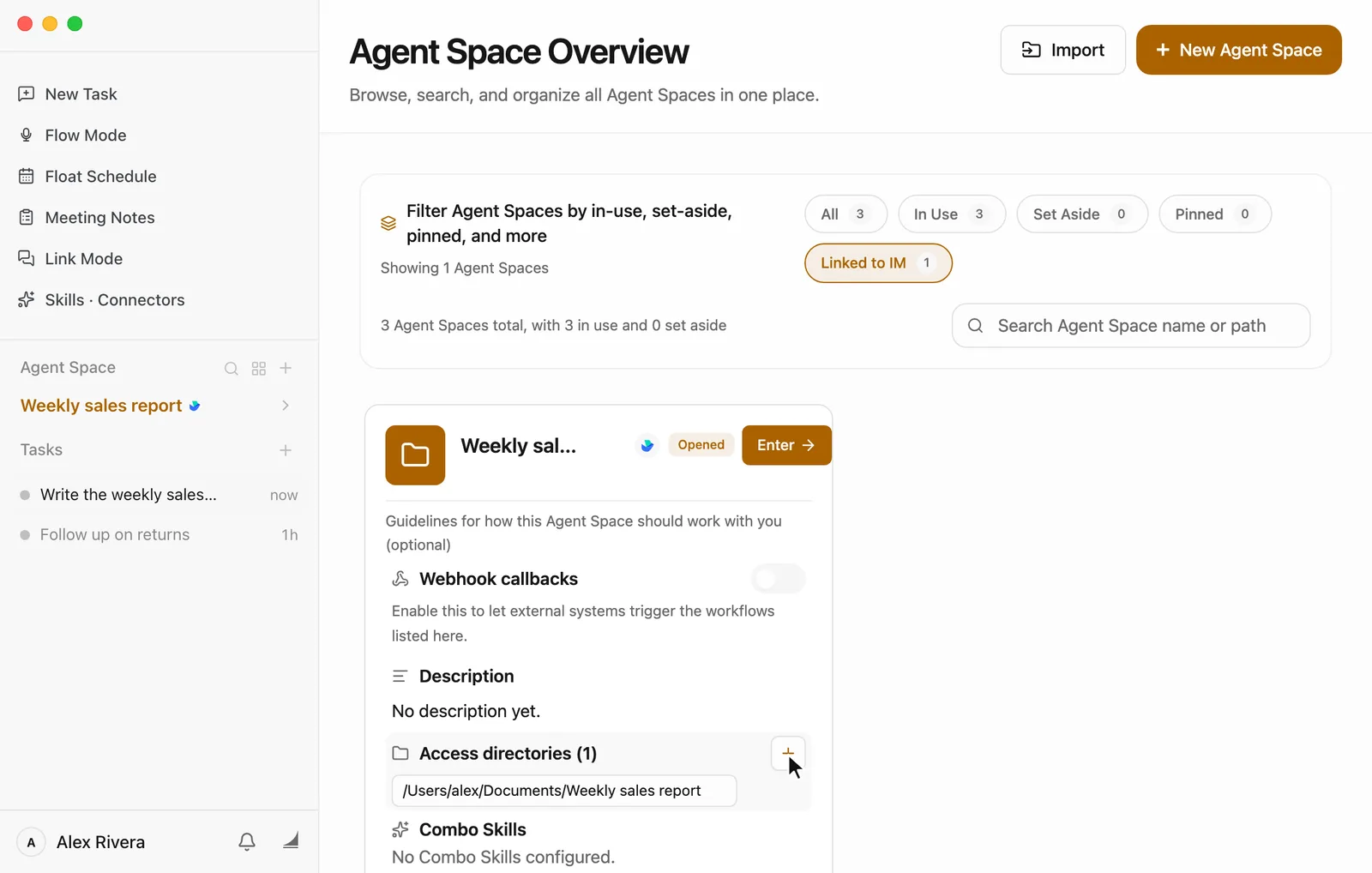 Agent Space Overview with the Linked to IM filter selected. There's one card, Weekly sales report, with a small Lark icon next to the name. On the card, the Access directories (1) row is highlighted and lists /Users/alex/Documents/Weekly sales report, and the pointer rests on the + at the right of that row