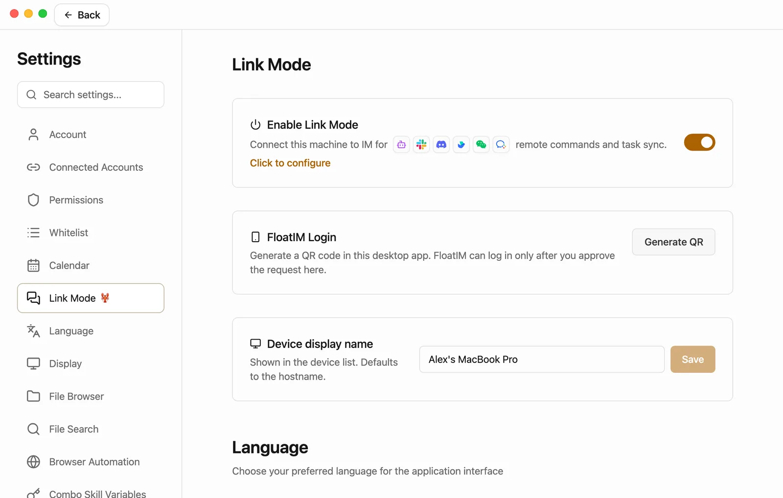 Settings open at the Link Mode section, with Link Mode selected in the settings list on the left. The first card is Enable Link Mode, with the switch on and the text Connect this machine to IM for, a row of small chat app icons, remote commands and task sync, followed by an orange Click to configure link. Below it is a FloatIM Login card, and below that Device display name, filled in with Alex's MacBook Pro