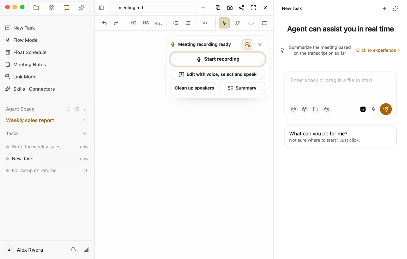 Meeting Notes just opened. The document meeting.md is empty. The recording panel in its top-right corner reads Meeting recording ready, with Start recording, Edit with voice, select and speak, Clean up speakers, and Summary buttons below it. The Chat panel on the right says Agent can assist you in real time, with the chat box underneath