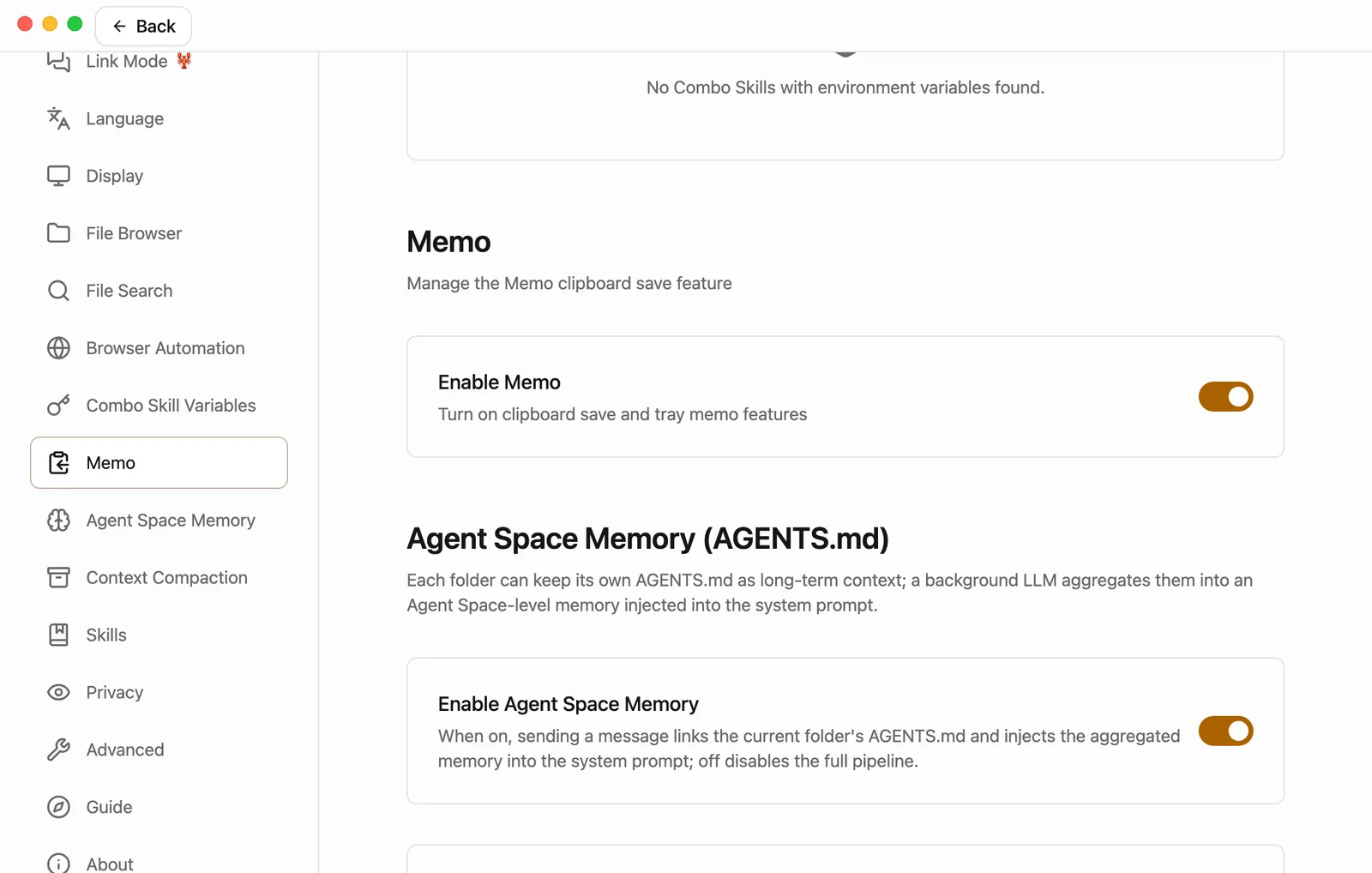 Settings open at Memo. Under the heading it says Manage the Memo clipboard save feature. Below is Enable Memo, described as Turn on clipboard save and tray memo features, with its switch turned on. Memo is selected in the list on the left.