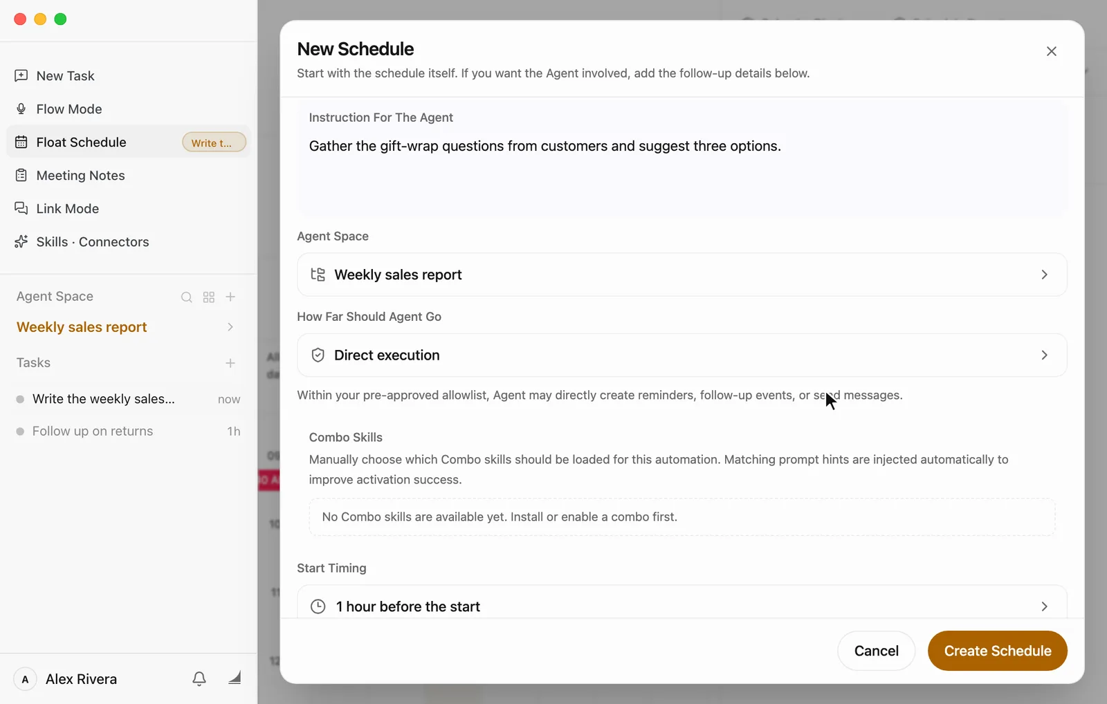 The Agent section of the New Schedule window. Instruction For The Agent reads: Gather the gift-wrap questions from customers and suggest three options. Below it, Agent Space is Weekly sales report, How Far Should Agent Go is Direct execution with a note about the pre-approved allowlist, Combo Skills says none are available yet, and Start Timing is 1 hour before the start. Cancel and Create Schedule are at the bottom.