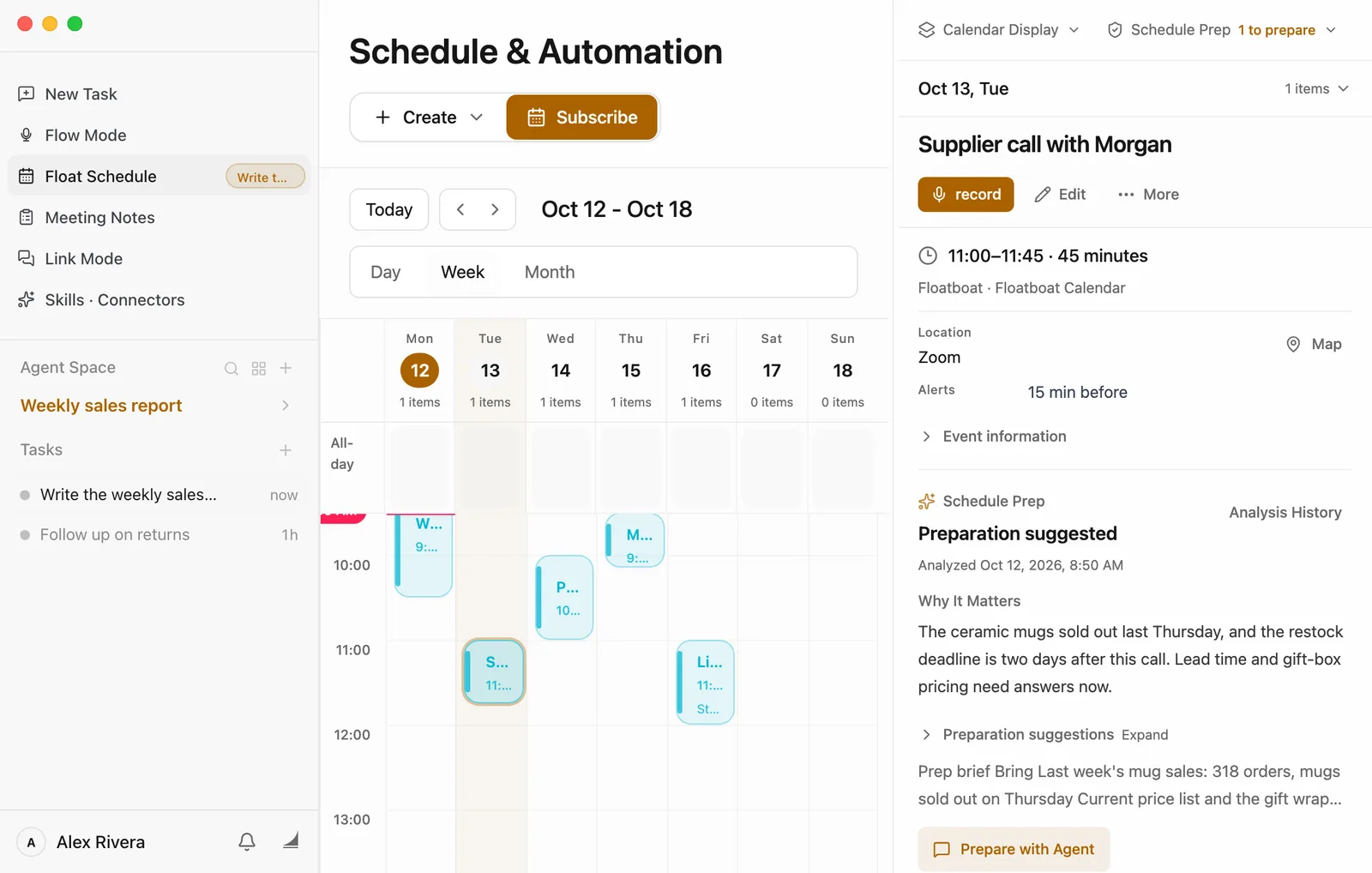 Tuesday's Supplier call with Morgan is selected. Its details show 11:00 to 11:45, location Zoom, alert 15 min before. Below is a Schedule Prep section: Preparation suggested, analyzed Oct 12, 2026, 8:50 AM. Why It Matters: The ceramic mugs sold out last Thursday, and the restock deadline is two days after this call. Lead time and gift-box pricing need answers now. Then a collapsed Preparation suggestions with a preview of the brief, and a Prepare with Agent button. At the top right, Schedule Prep shows 1 to prepare.