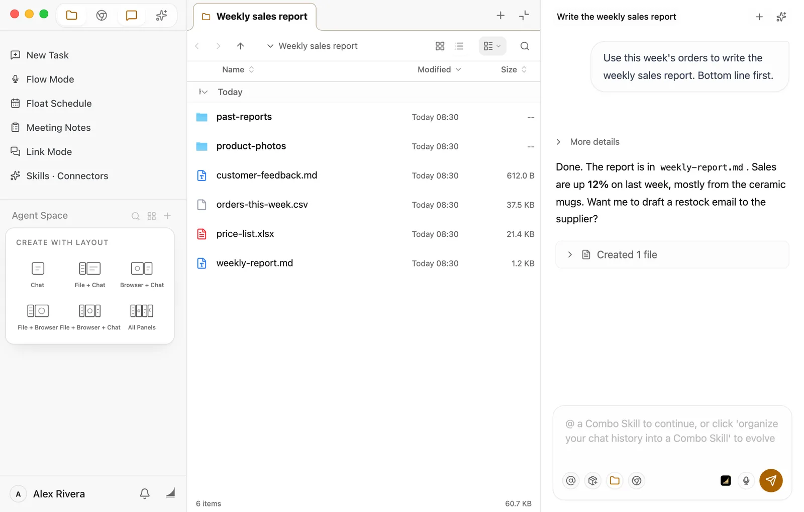The menu that opens from the + button, titled Create with Layout, with six layouts in two rows: Chat, File + Chat, Browser + Chat, File + Browser, File + Browser + Chat, and All Panels