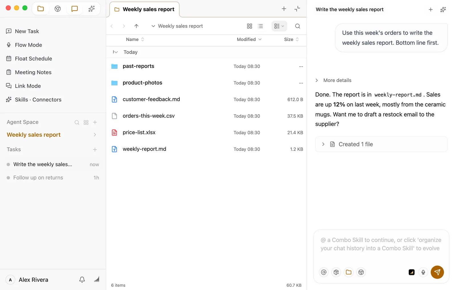 The Weekly sales report space: the sidebar on the left lists this space's two tasks, the Files panel in the middle shows this week's orders, a price list, and past reports, and in the Chat panel on the right, Floatboat has finished the weekly sales report