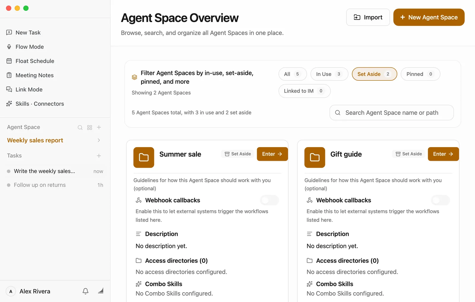 The Agent Space Overview with the Set Aside filter selected. Two cards, Summer sale and Gift guide, are both marked Set Aside, each with an Enter button in its top-right corner