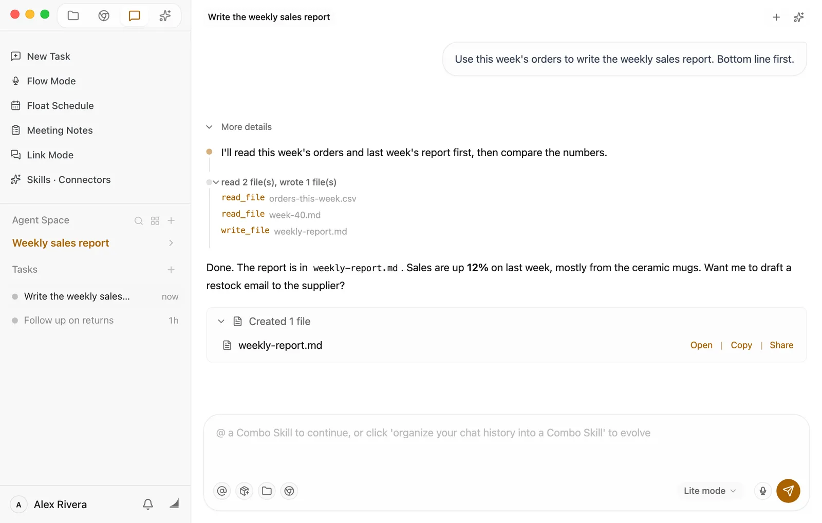 The finished task. More details is expanded to show the plan and the three steps: read two files, write one. Below the reply, the Created 1 file card lists weekly-report.md with Open, Copy, and Share.