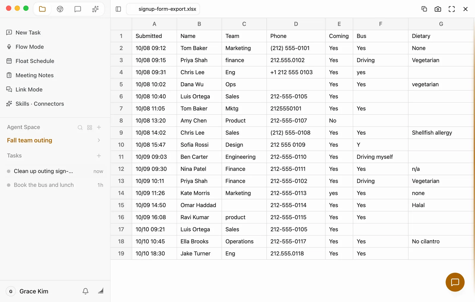 signup-form-export.xlsx open in the preview: 18 responses with the columns Submitted, Name, Team, Phone, Coming, Bus, and Dietary. Tom Baker, Priya Shah, and Luis Ortega each appear twice. Phone numbers are written several ways, such as (212) 555-0101, 212.555.0102, +1 212 555 0103, and 2125550101. Teams include both Eng and Engineering, and Mktg and Marketing. Dana Wu's phone, Omar Haddad's team, and Luis Ortega's bus answer are blank.