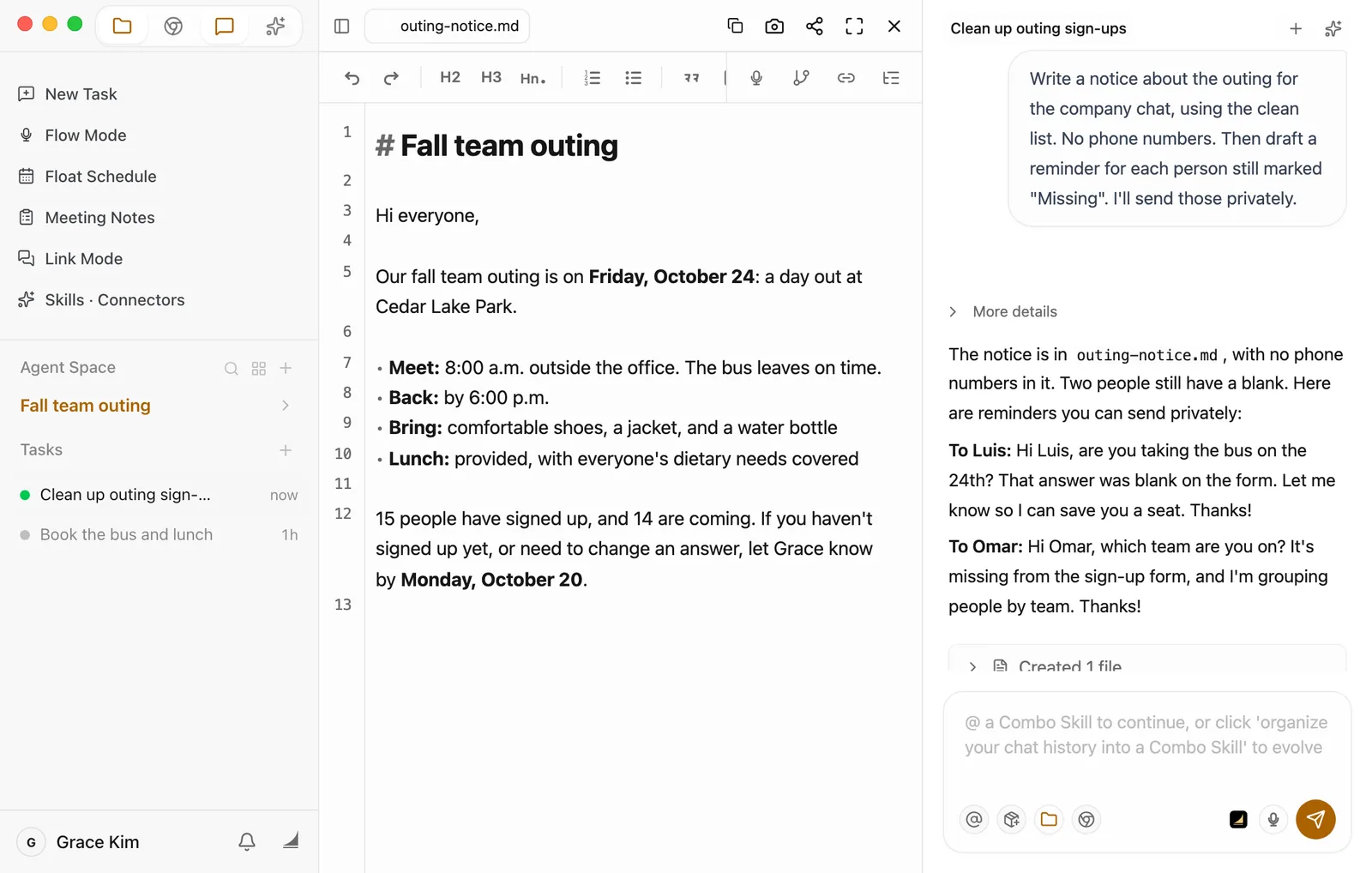 On the left, outing-notice.md is open in the preview: Fall team outing, on Friday, October 24, a day out at Cedar Lake Park. Meet at 8:00 a.m. outside the office, back by 6:00 p.m., bring comfortable shoes, a jacket, and a water bottle, and lunch is provided with everyone's dietary needs covered. 15 people have signed up and 14 are coming, and anyone who needs to change an answer should let Grace know by Monday, October 20. On the right, the Chat panel shows the second request and Floatboat's reply: the notice is in outing-notice.md with no phone numbers in it, followed by two reminders, one asking Luis whether he's taking the bus and one asking Omar which team he's on.