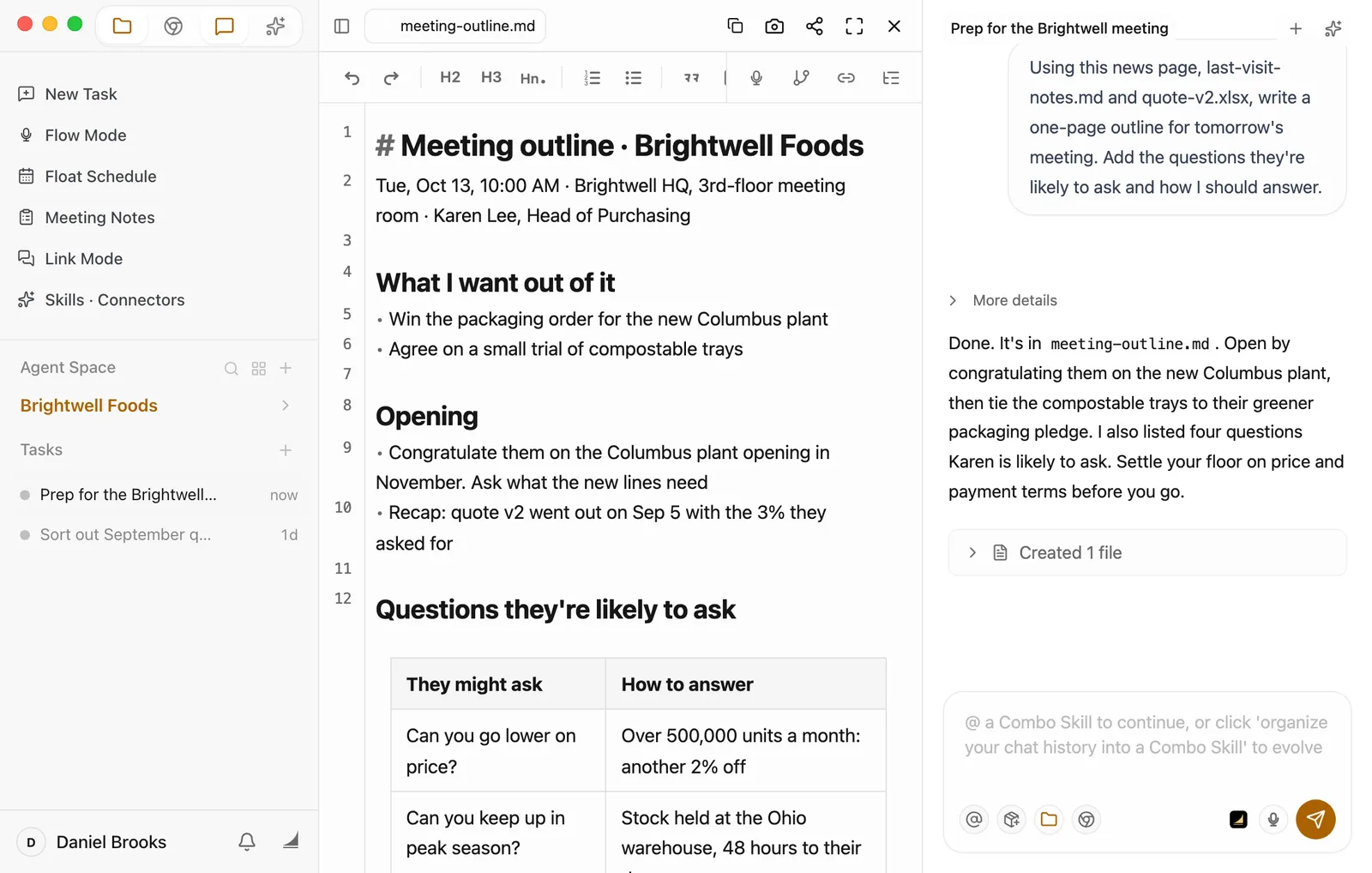 meeting-outline.md open in the preview. The title is Meeting outline · Brightwell Foods, followed by Tue, Oct 13, 10:00 AM · Brightwell HQ, 3rd-floor meeting room · Karen Lee, Head of Purchasing. Below are the sections What I want out of it and Opening, then a table under Questions they're likely to ask, with questions like Can you go lower on price? and Can you keep up in peak season? next to suggested answers. On the right, the chat shows the request, Floatboat's reply, and the Created 1 file card.