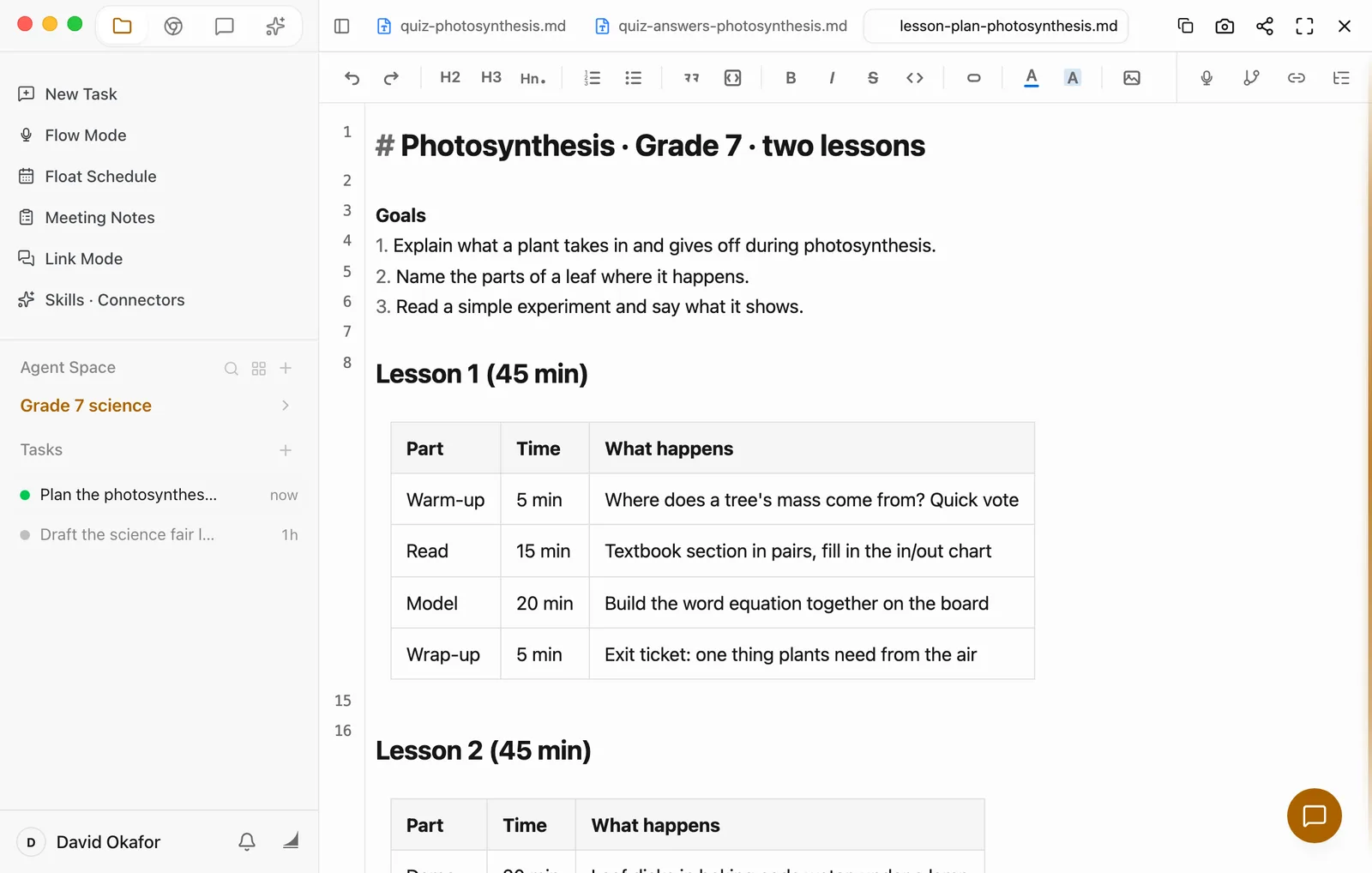 lesson-plan-photosynthesis.md open in the preview, with three tabs across the top: quiz-photosynthesis.md, quiz-answers-photosynthesis.md, and lesson-plan-photosynthesis.md. The plan is titled Photosynthesis · Grade 7 · two lessons. Below are three goals, then a table for Lesson 1 (45 min): Warm-up 5 min, Read 15 min, Model 20 min, Wrap-up 5 min, each with what happens. Lesson 2 (45 min) starts at the bottom.