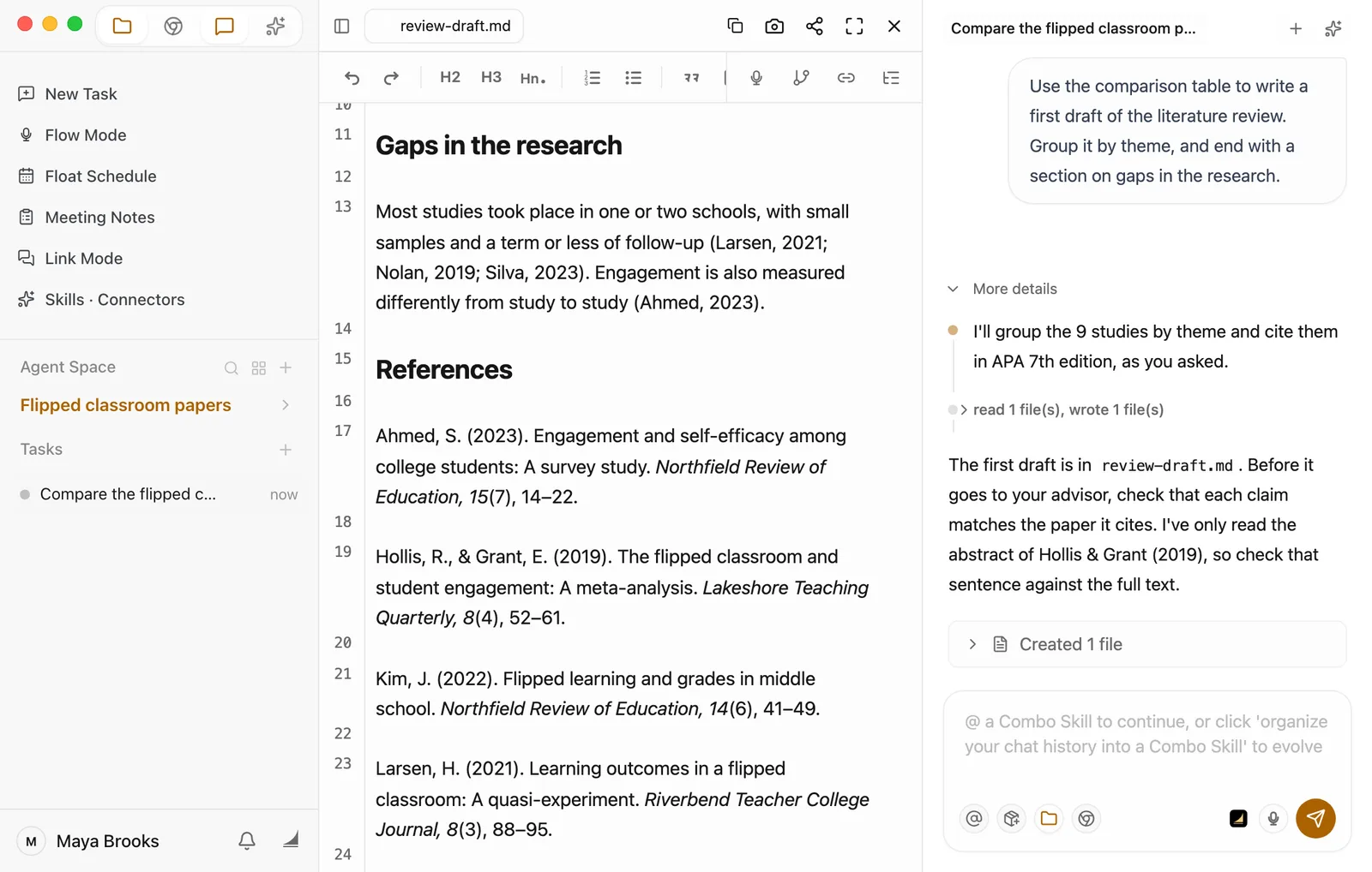 review-draft.md open in the preview, scrolled to Gaps in the research. The text cites sources in APA style, such as (Larsen, 2021; Nolan, 2019; Silva, 2023), and the References list below includes entries like Hollis, R., & Grant, E. (2019). The flipped classroom and student engagement: A meta-analysis. Lakeshore Teaching Quarterly, 8(4), 52–61. On the right, the chat shows the request for a first draft. Floatboat says it will group the 9 studies by theme and cite them in APA 7th edition, as asked, then replies that the draft is in review-draft.md, that you should check each claim against the paper it cites before it goes to your advisor, and that it has only read the abstract of Hollis and Grant (2019), so that sentence needs checking against the full text. A Created 1 file card is below.
