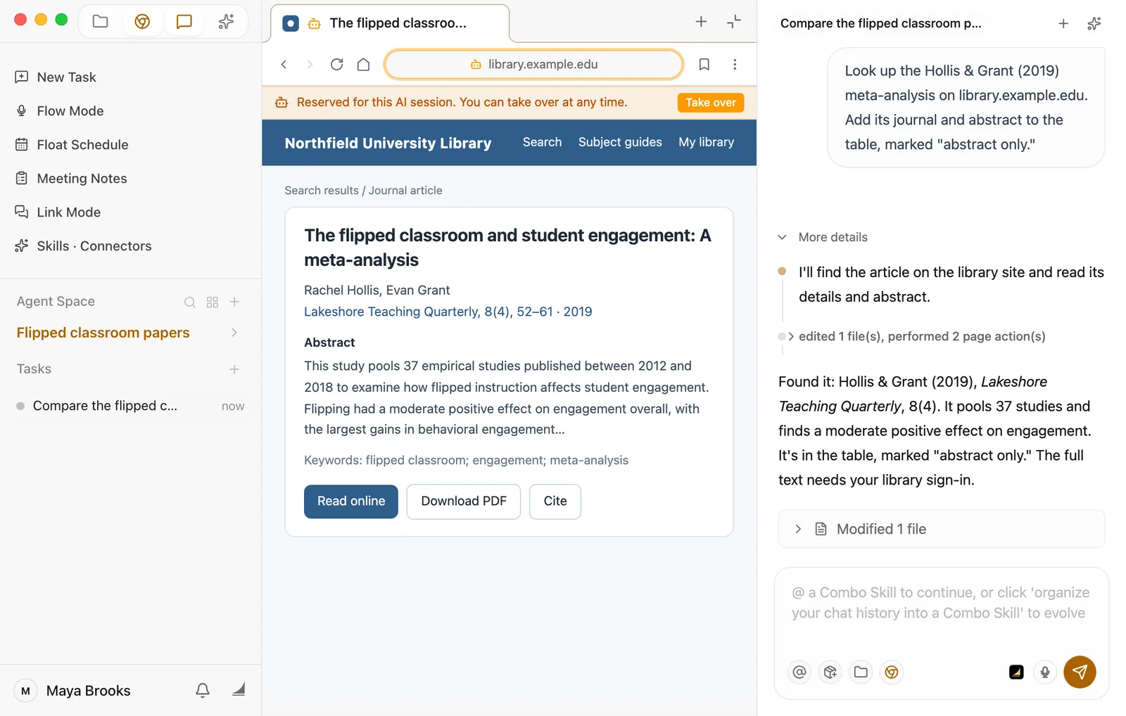 On the left, the built-in browser shows a journal article on the Northfield University Library site: The flipped classroom and student engagement: A meta-analysis, by Rachel Hollis and Evan Grant, Lakeshore Teaching Quarterly, 8(4), 52–61, 2019, followed by the abstract, keywords, and Read online, Download PDF, and Cite buttons. An orange bar above the page reads Reserved for this AI session. You can take over at any time, with a Take over button. On the right, the chat shows the request to look up the paper; the expanded More details reads edited 1 file(s), performed 2 page action(s); and Floatboat replies that it found the article in Lakeshore Teaching Quarterly, 8(4), that it pools 37 studies and finds a moderate positive effect on engagement, that it's now in the table marked abstract only, and that the full text needs your library sign-in. A modified 1 file card is at the bottom.