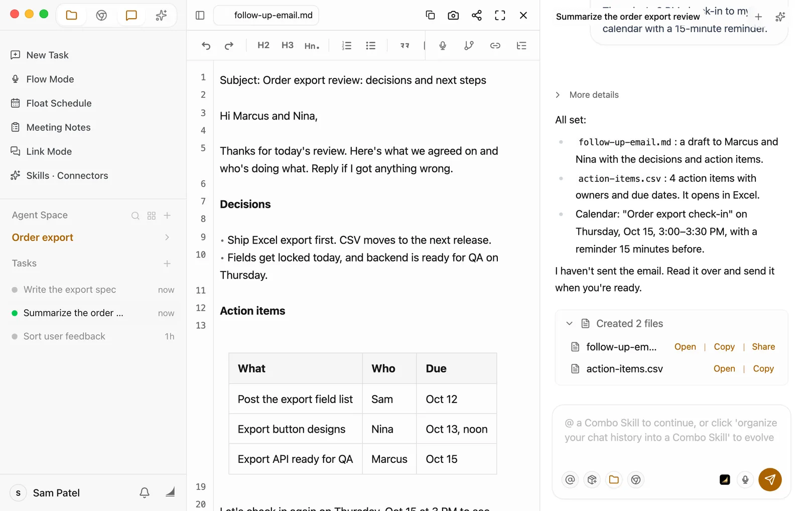 follow-up-email.md is open on the left. The first line reads Subject: Order export review: decisions and next steps. It's addressed to Marcus and Nina, with two decisions and a table of action items with What, Who, and Due columns. On the right is Floatboat's reply, with the Created 2 files card expanded to show follow-up-email.md and action-items.csv, with Open and Copy next to each and Share next to the email.