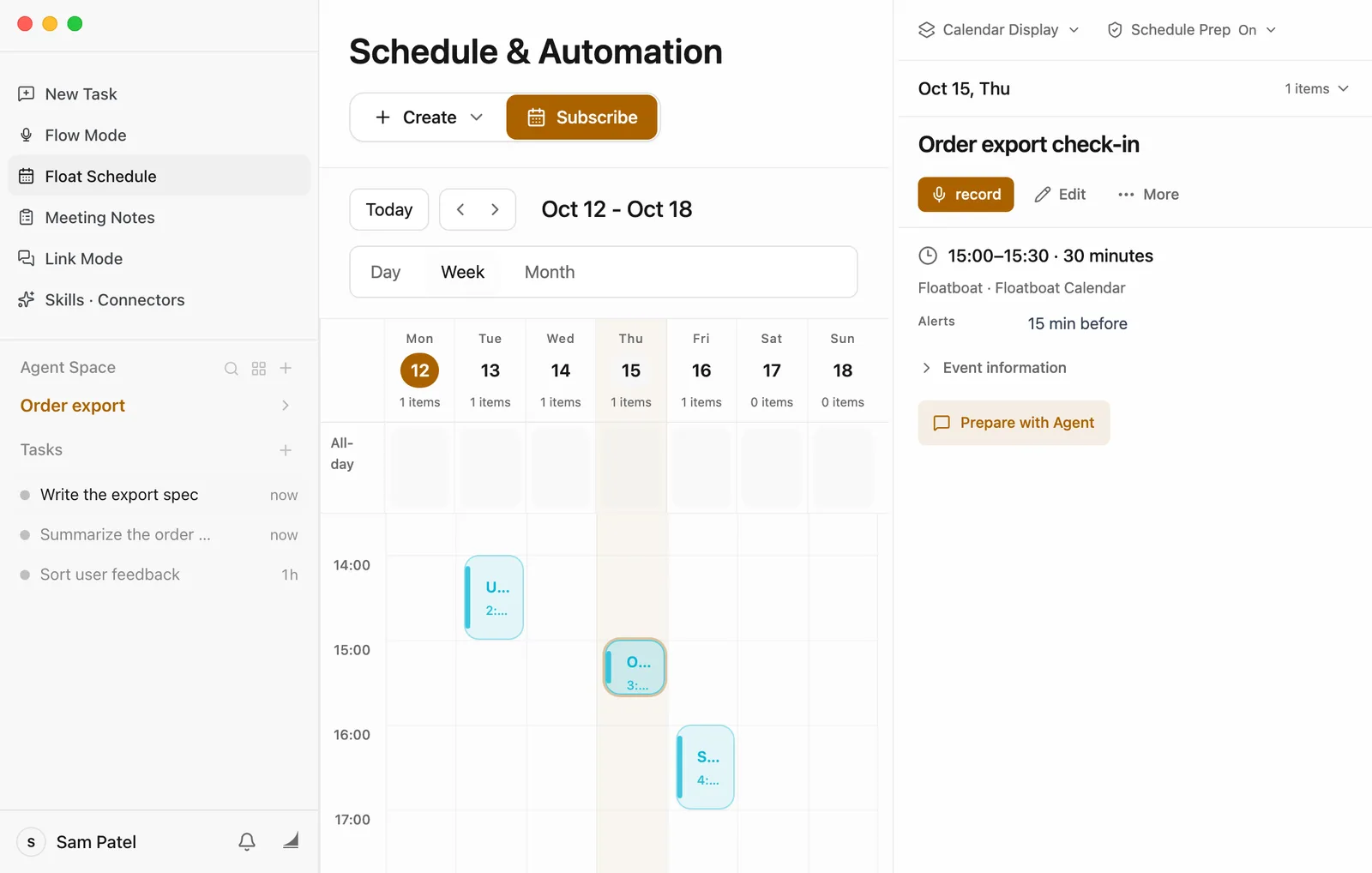 Float Schedule in week view, Oct 12 to Oct 18, with the Thursday 15:00 event selected. On the right are its details: Order export check-in, with record, Edit, and More buttons under the title, then 15:00–15:30 · 30 minutes, Alerts 15 min before, and a Prepare with Agent button at the bottom.