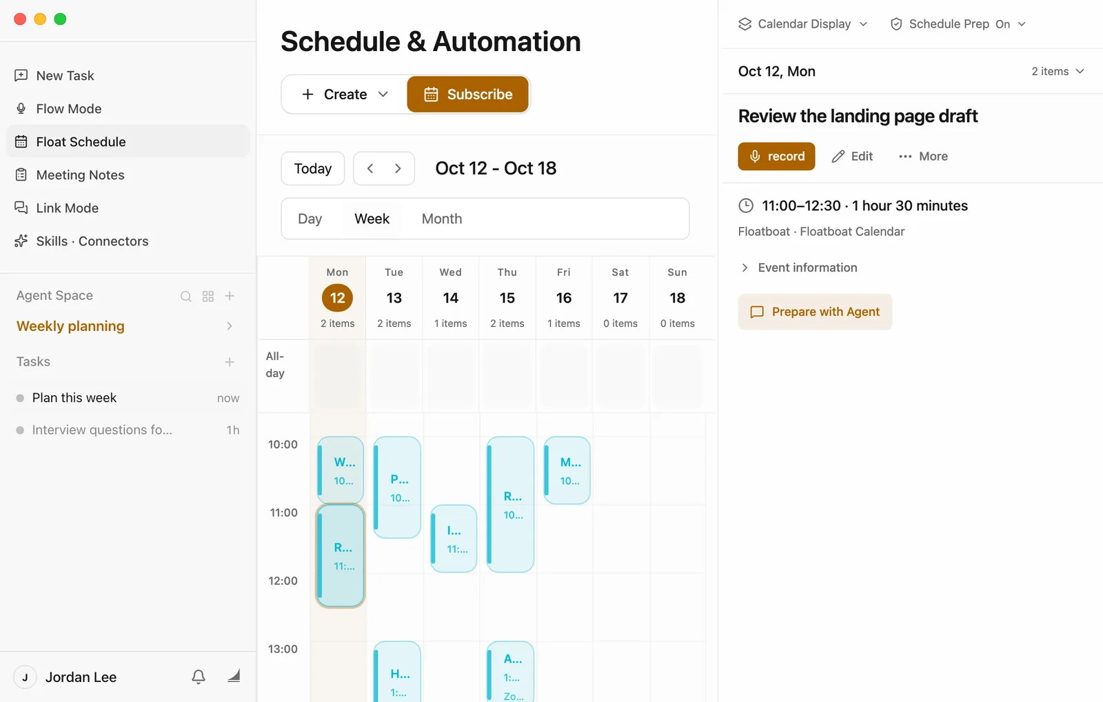 Float Schedule in Week view, Oct 12 to Oct 18, from 10 AM into the afternoon. Monday has the weekly team meeting at 10:00, followed at 11:00 by Review the landing page draft, which Floatboat added. Tuesday has Prep for campaign planning in the morning and Holiday campaign planning at 1 PM. Wednesday has an interview at 11:00. Thursday has the repeat-customer analysis in the morning and an agency check-in at 1 PM. Friday has the monthly review at 10:00. On the right, Review the landing page draft is selected: Monday Oct 12, 11:00 to 12:30, 1 hour 30 minutes, in Floatboat · Floatboat Calendar, with a Prepare with Agent button. Jordan Lee's account is at the bottom left.