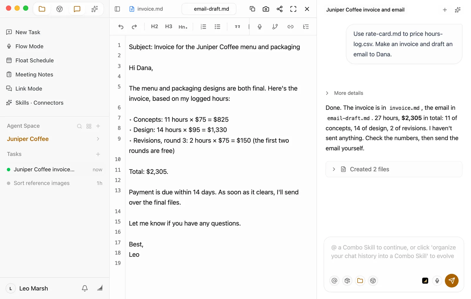 email-draft.md open in the preview. The first line is Subject: Invoice for the Juniper Coffee menu and packaging, then Hi Dana. It lists Concepts: 11 hours × $75 = $825, Design: 14 hours × $95 = $1,330, and Revisions, round 3: 2 hours × $75 = $150 (the first two rounds are free), then Total: $2,305. It says payment is due within 14 days and the final files go out once it clears, and it's signed Best, Leo. Floatboat's reply is in the chat on the right.