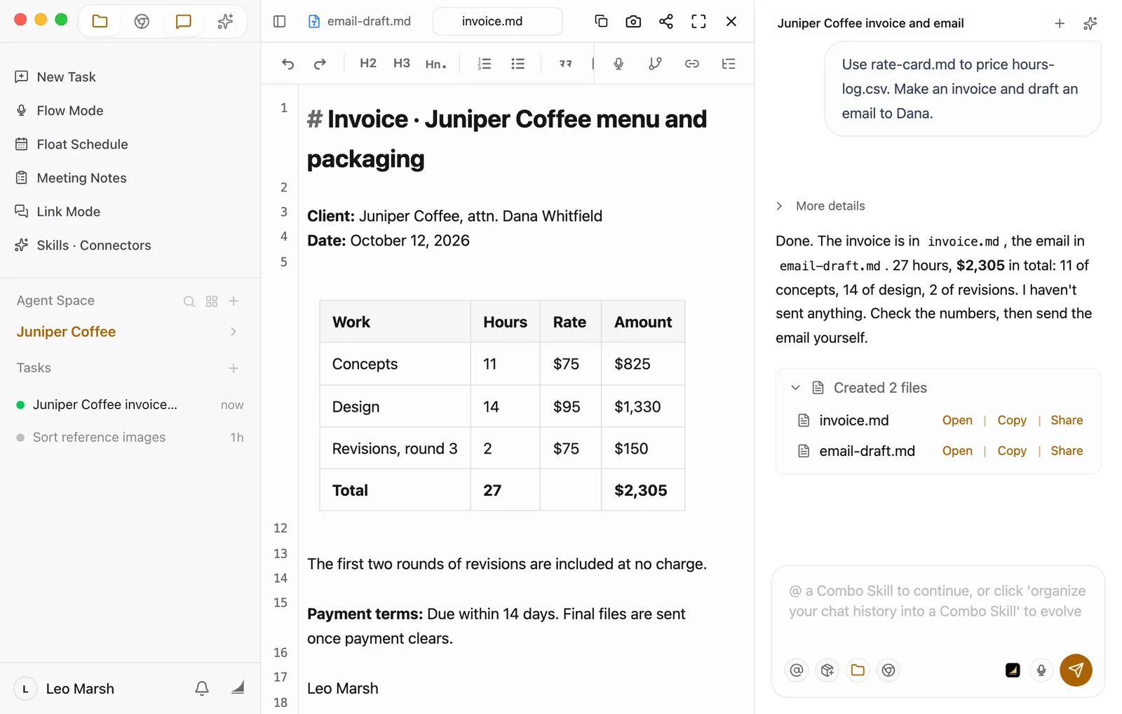 invoice.md open in the preview. The title is Invoice · Juniper Coffee menu and packaging, followed by Client: Juniper Coffee, attn. Dana Whitfield, and Date: October 12, 2026. The table has Work, Hours, Rate, and Amount columns: Concepts, 11, $75, $825; Design, 14, $95, $1,330; Revisions, round 3, 2, $75, $150; Total, 27, $2,305. Below it, a note says the first two rounds of revisions are included at no charge, followed by the payment terms: due within 14 days, with final files sent once payment clears. The chat on the right shows the request, Floatboat's reply, and the expanded Created 2 files card.