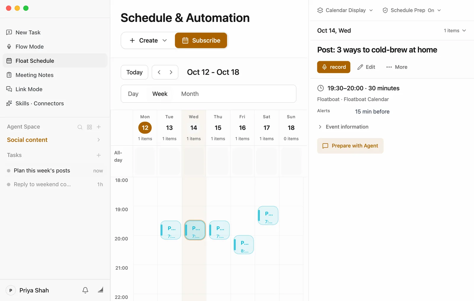 Float Schedule, on the page titled Schedule & Automation, in Week view for Oct 12 to Oct 18. From Tuesday to Saturday there's one post each evening: 19:30 on Tuesday, Wednesday, and Thursday, 20:00 on Friday, and 19:00 on Saturday. Wednesday's is selected, and its details on the right read Post: 3 ways to cold-brew at home, 19:30 to 20:00, 30 minutes, with Alerts set to 15 min before and a Prepare with Agent button below.