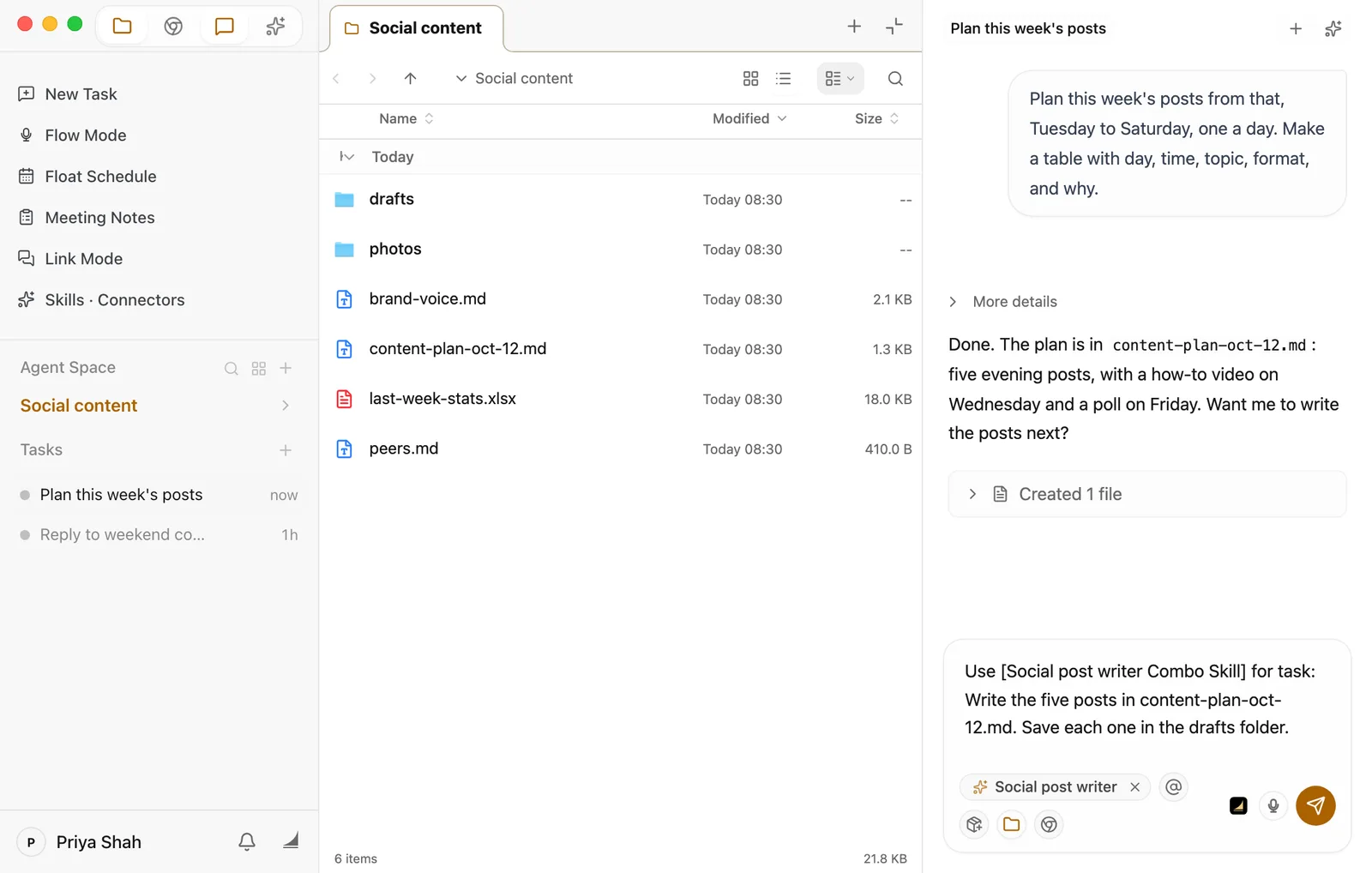 The Social content space. The Files panel lists the drafts and photos folders, then brand-voice.md, content-plan-oct-12.md, last-week-stats.xlsx, and peers.md. In the Chat panel on the right, under the request to plan the week, Floatboat has replied: Done. The plan is in content-plan-oct-12.md: five evening posts, with a how-to video on Wednesday and a poll on Friday. Want me to write the posts next? A Created 1 file card sits below the reply. At the bottom, a Social post writer tag sits in the chat box, which reads: Use [Social post writer Combo Skill] for task: Write the five posts in content-plan-oct-12.md. Save each one in the drafts folder.