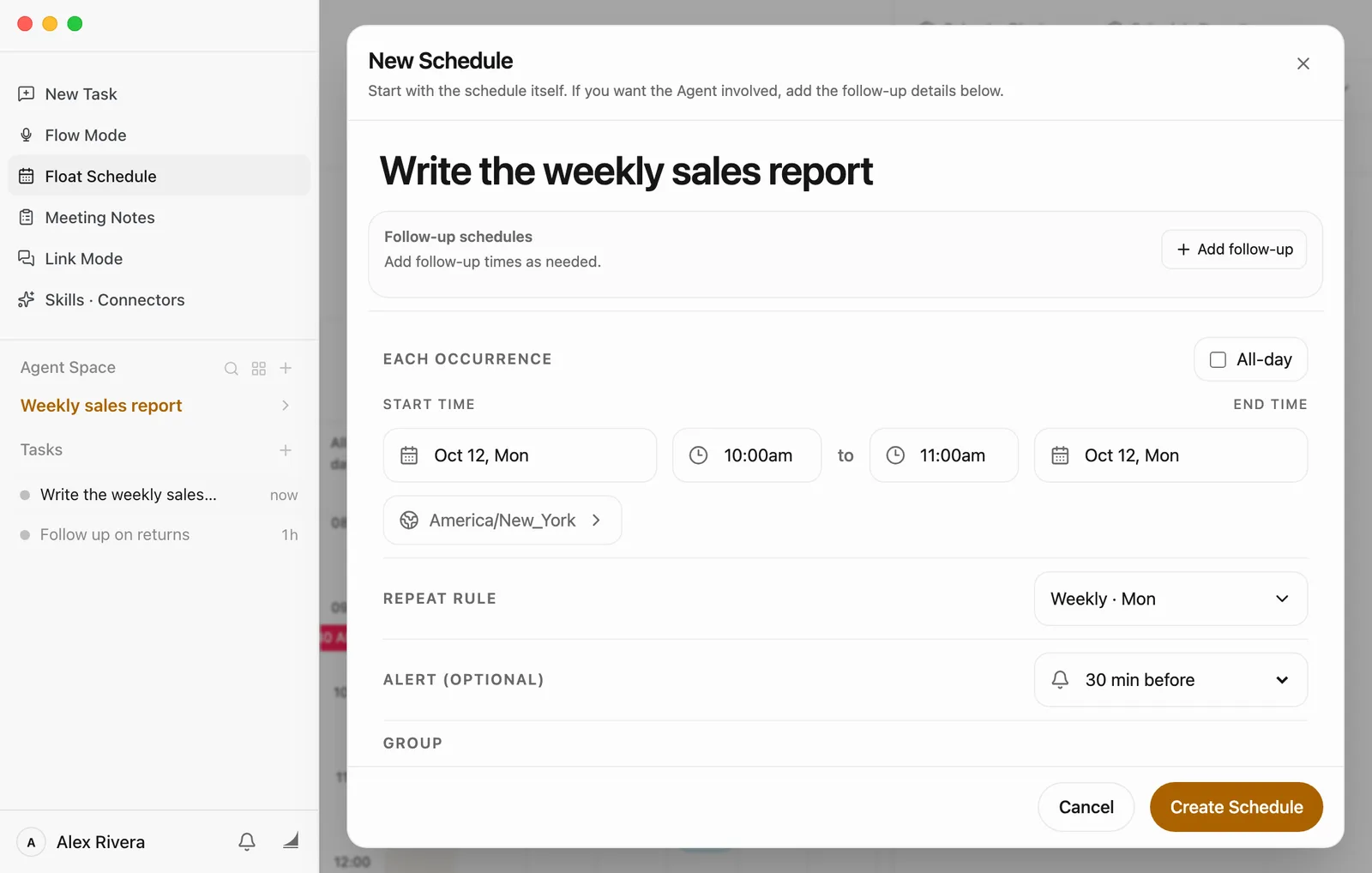 The New Schedule window. The title is Write the weekly sales report. It starts Oct 12, Mon at 10:00am and ends at 11:00am. Repeat Rule says Weekly · Mon, and Alert (Optional) says 30 min before. Cancel and Create Schedule are at the bottom right.