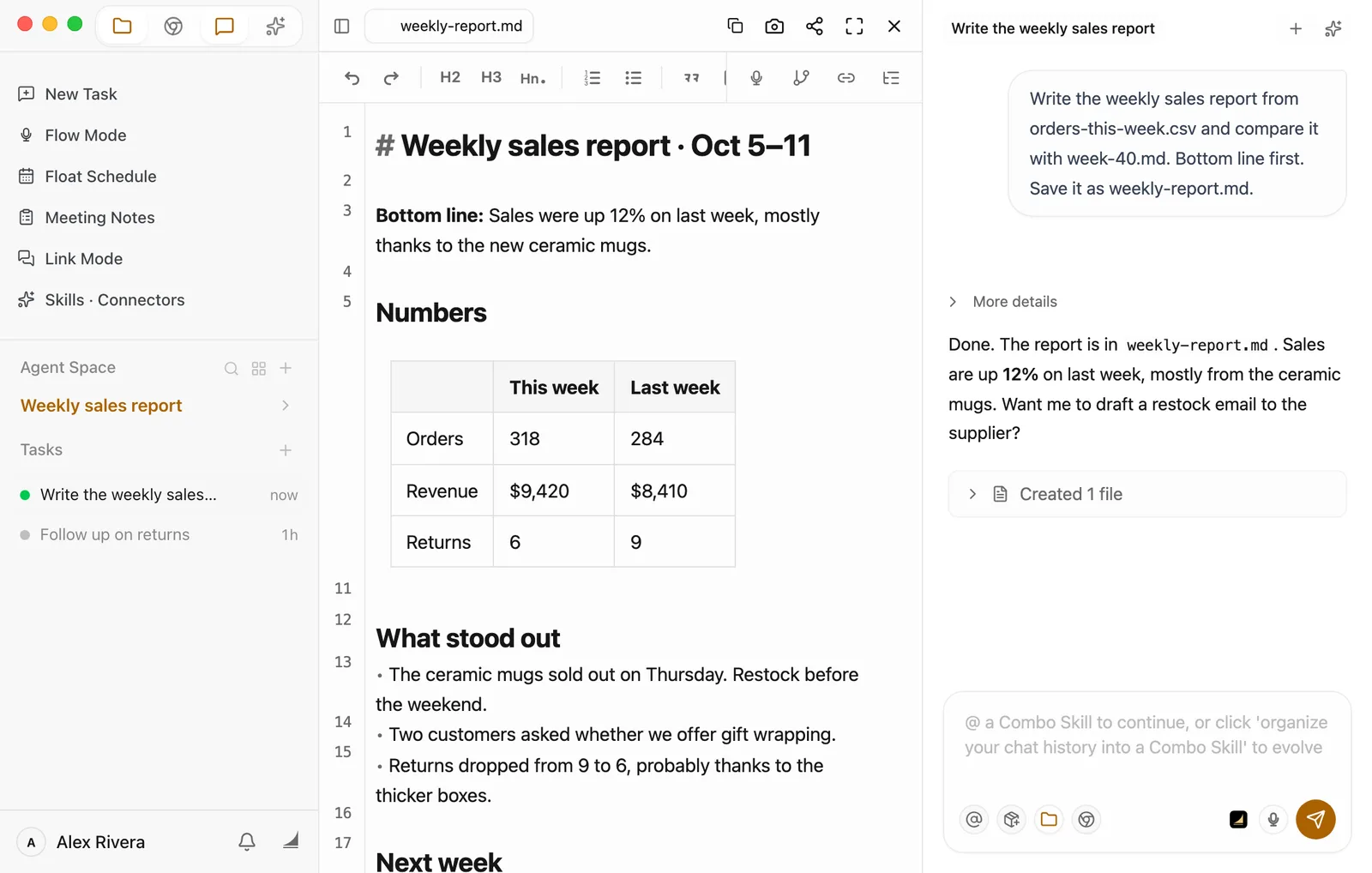 weekly-report.md open in the preview. The title is Weekly sales report · Oct 5–11, and the bottom line says sales were up 12% on last week, mostly thanks to the new ceramic mugs. The Numbers table shows orders at 318 this week and 284 last week, revenue at $9,420 and $8,410, and returns at 6 and 9. What stood out has three points, the last one newly added: Returns dropped from 9 to 6, probably thanks to the thicker boxes. The Chat panel on the right shows the request, Floatboat's reply, and the Created 1 file card.