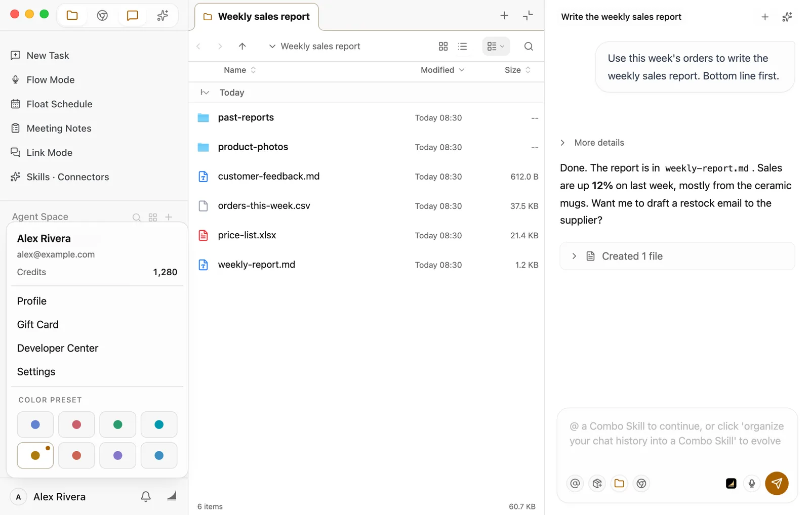 The account menu is open above the name Alex Rivera at the bottom left of the sidebar. At the top it shows Alex Rivera, alex@example.com, and Credits 1,280. Below are Profile, Gift Card, Developer Center, and Settings, then a Color Preset grid of eight colored dots.