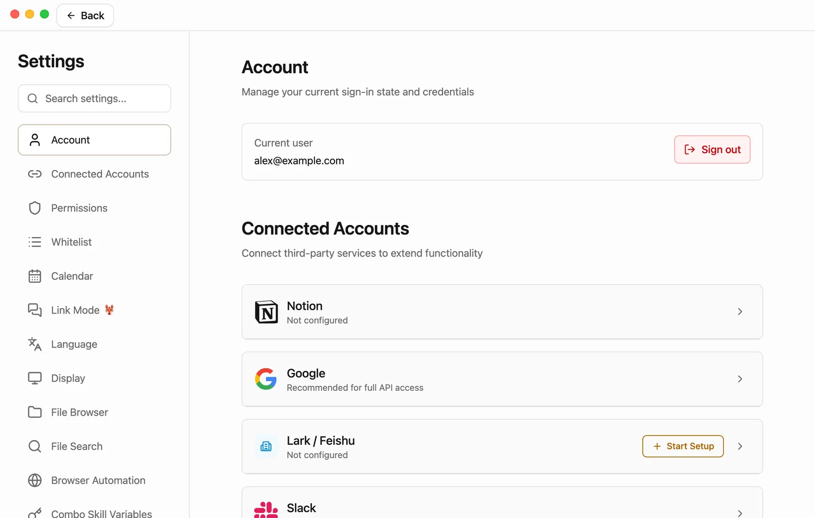 Settings fills the window, with a Back button at the top left. Account is selected in the list on the left. On the right, the Account section shows Current user alex@example.com and a red Sign out button. Below it starts the Connected Accounts section.
