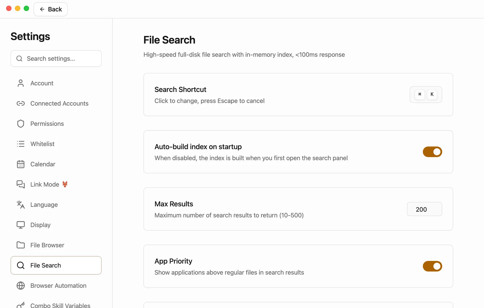 Settings fills the window with File Search selected in the list on the left. On the right, the first item is Search Shortcut, with the note Click to change, press Escape to cancel, and the keys ⌘ K in a box on the right. Below it are Auto-build index on startup, Max Results set to 200, and App Priority.