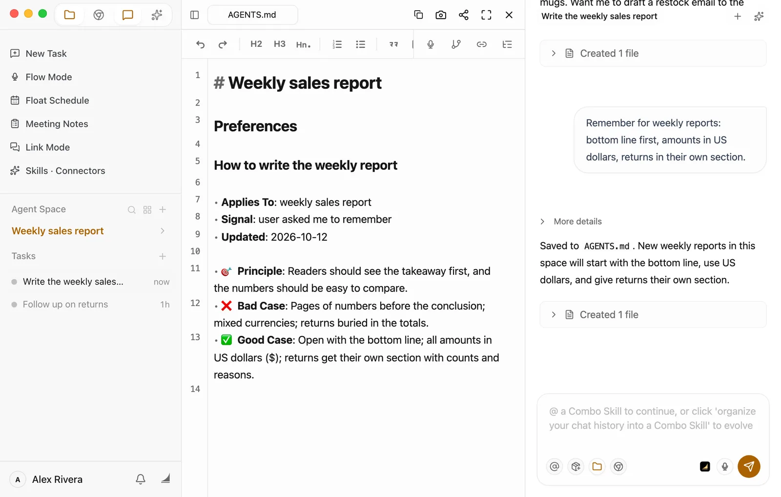 AGENTS.md open in the preview. Under the title Weekly sales report are Preferences and How to write the weekly report, with Applies To: weekly sales report, Signal: user asked me to remember, and Updated: 2026-10-12, followed by Principle, Bad Case, and Good Case. Good Case says open with the bottom line, all amounts in US dollars, and returns get their own section. The Chat panel on the right shows the conversation where Alex asked it to remember.