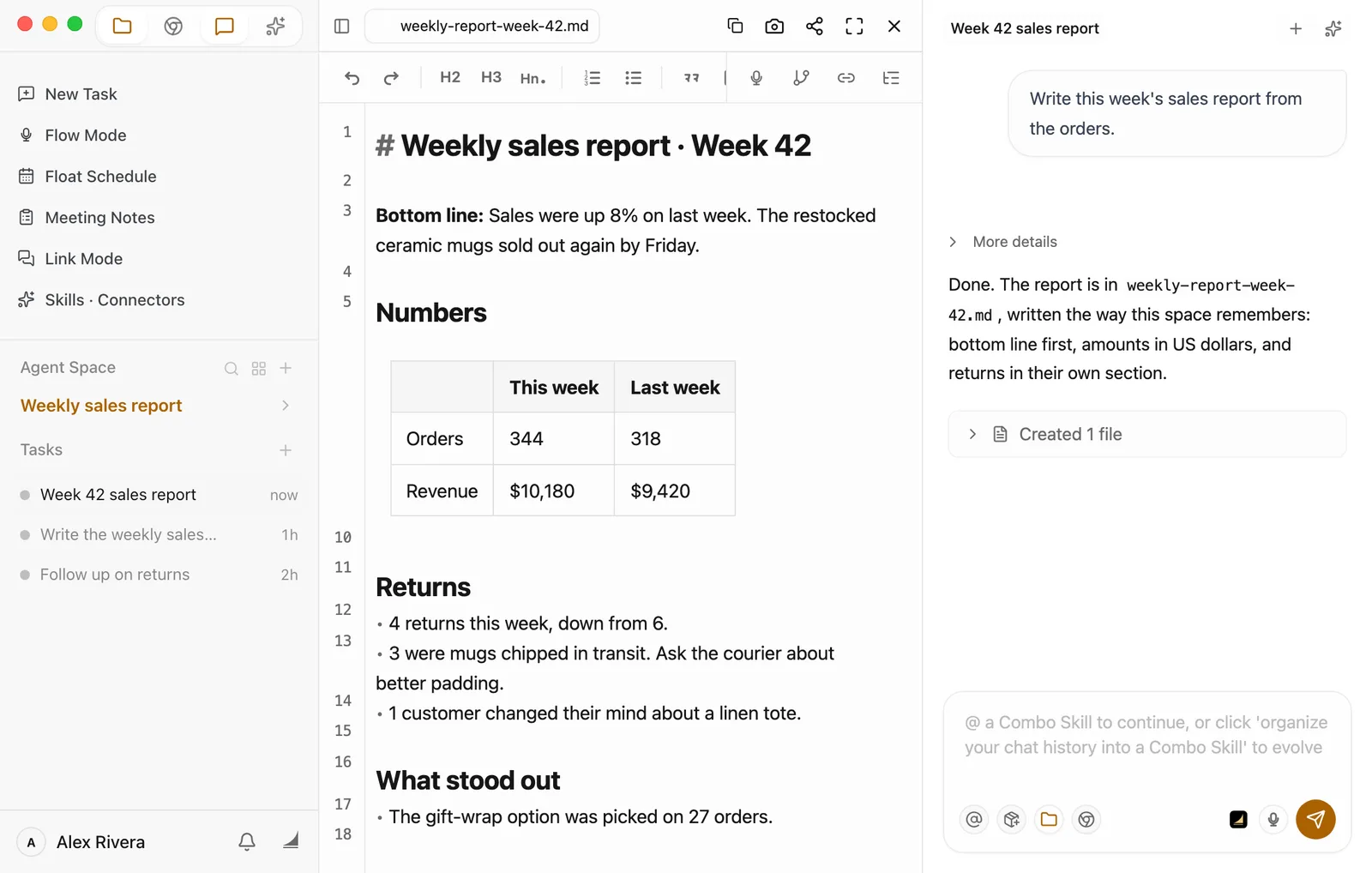A new task, Week 42 sales report. The request is just: Write this week's sales report from the orders. The preview shows weekly-report-week-42.md, which opens with Bottom line: Sales were up 8% on last week. Revenue in the Numbers table is $10,180 and $9,420, and there's a separate Returns section listing 4 returns and why. On the right, Floatboat says the report was written the way this space remembers: bottom line first, amounts in US dollars, and returns in their own section.