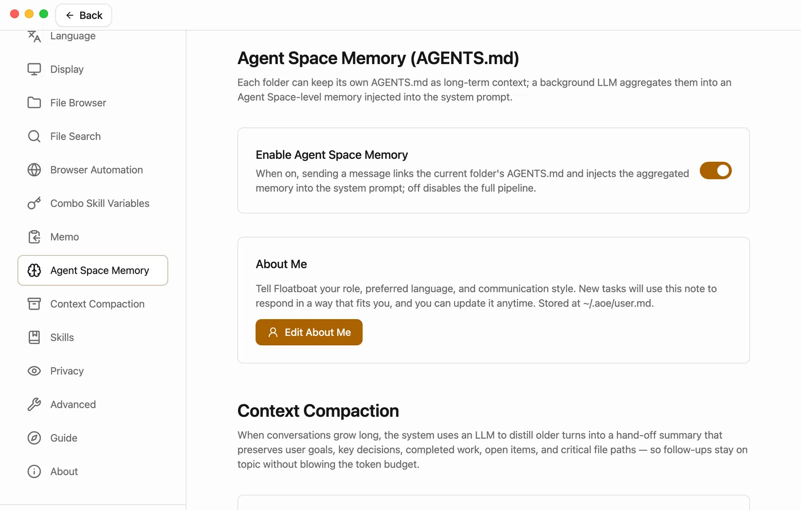 Settings open at Agent Space Memory (AGENTS.md). At the top is Enable Agent Space Memory, switched on. Below it is About Me, which says the note is stored at ~/.aoe/user.md, with an Edit About Me button. Agent Space Memory is selected in the list on the left.