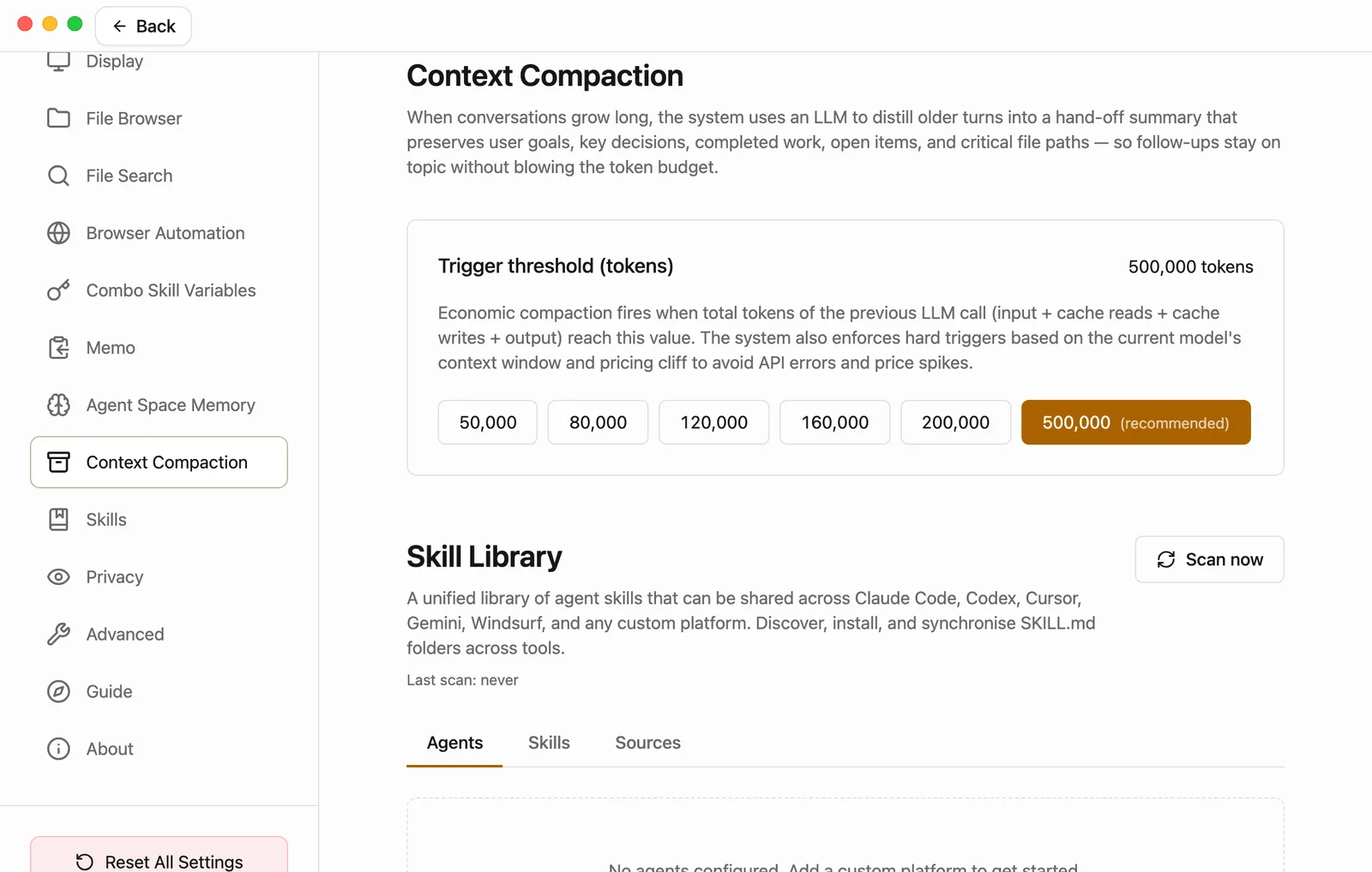 Context Compaction in Settings: Trigger threshold (tokens) shows 500,000 tokens on the right, and below it a row of buttons reads 50,000, 80,000, 120,000, 160,000, 200,000, and 500,000 (recommended), with the last one selected. Context Compaction is highlighted in the list on the left.