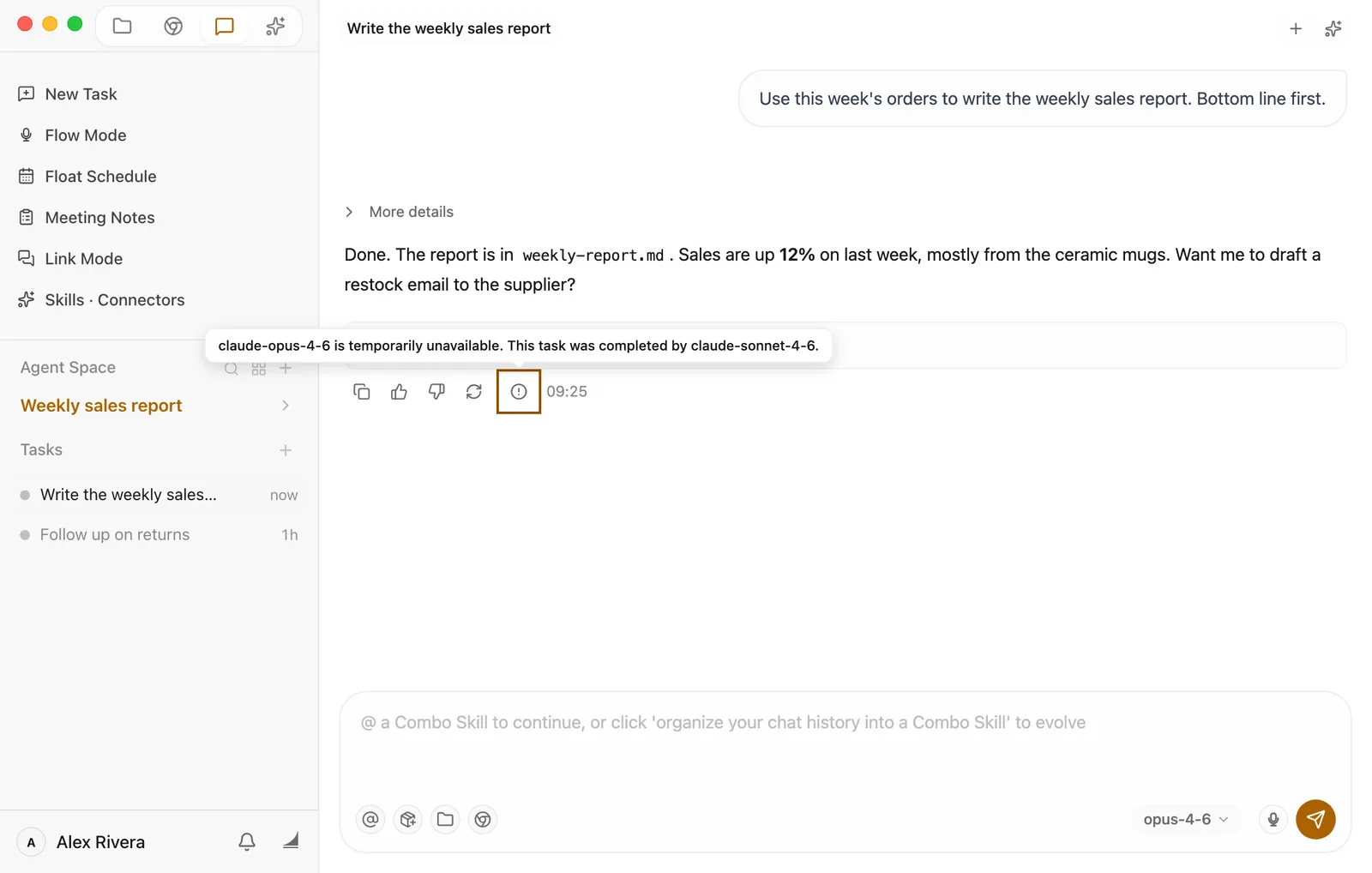 The weekly report task is done. With the pointer over Floatboat's reply, a row of small buttons appears under it. The exclamation-mark icon is selected, and the note above it reads claude-opus-4-6 is temporarily unavailable. This task was completed by claude-sonnet-4-6. The model in the lower right of the chat box is still opus-4-6.