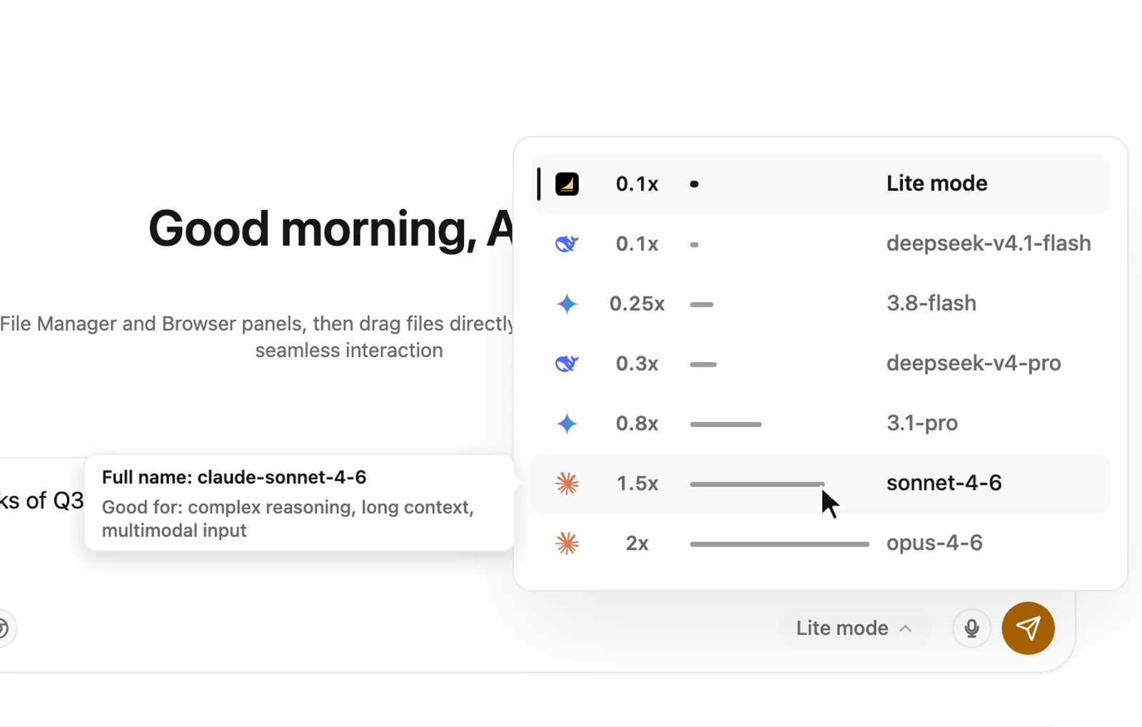 The model menu, open. Lite mode is at the top with a rate of 0.1x. Below it: deepseek-v4.1-flash 0.1x, 3.8-flash 0.25x, deepseek-v4-pro 0.3x, 3.1-pro 0.8x, sonnet-4-6 1.5x, and opus-4-6 2x, with the bar next to each rate getting longer down the list. The pointer rests on sonnet-4-6, and the note beside it reads Full name: claude-sonnet-4-6 and Good for: complex reasoning, long context, multimodal input.