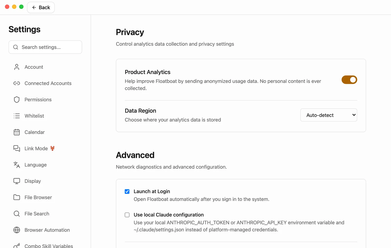 Settings is open at Privacy. Product Analytics is switched on, with the note: Help improve Floatboat by sending anonymized usage data. No personal content is ever collected. Below it, Data Region is set to Auto-detect.