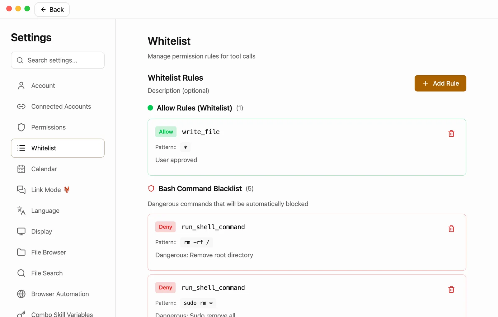 Settings is open at Whitelist. Under Allow Rules (Whitelist) there is one rule: a green Allow tag, the name write_file, a Pattern of *, and the note User approved, with a red trash can on the right. Below it starts Bash Command Blacklist, with a count of 5; its rules have a red Deny tag and the name run_shell_command. Add Rule is at the top right.