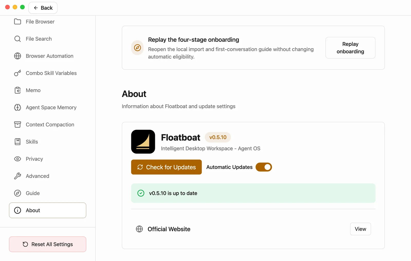 The bottom of Settings, with About highlighted in the list on the left and Reset All Settings below it. Above the About section is the Guide card with a Replay onboarding button. The About card shows the Floatboat logo and version v0.5.10, a Check for Updates button, Automatic Updates turned on, a green note saying v0.5.10 is up to date, and Official Website with a View button